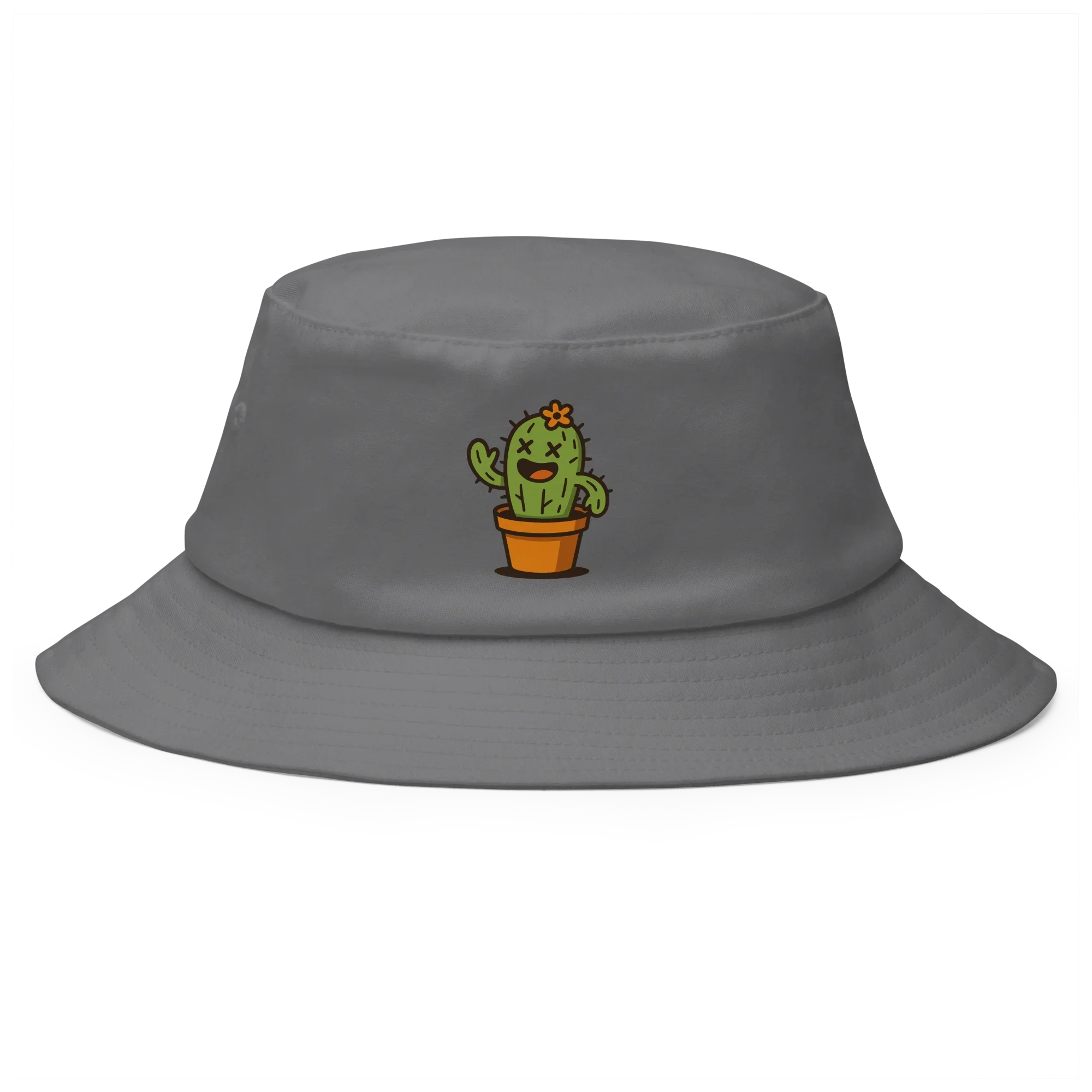 Sombrero bucket gris Doozy Headwear con dibujo de cactus en maceta al frente