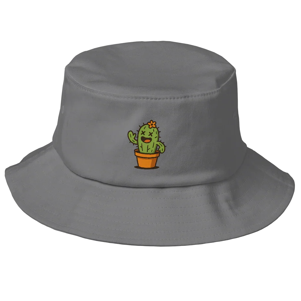 Sombrero bucket gris Doozy Headwear con dibujo de cactus en maceta al frente