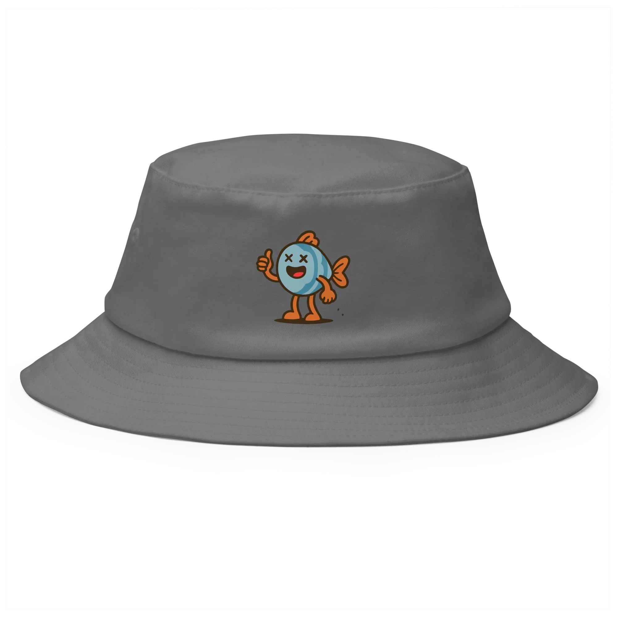 Sombrero bucket gris Doozy Headwear con dibujo de pez caricatura en el frente
