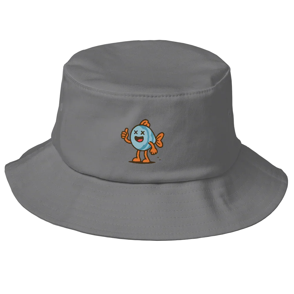 Sombrero bucket gris Doozy Headwear con dibujo de pez animado en el frente