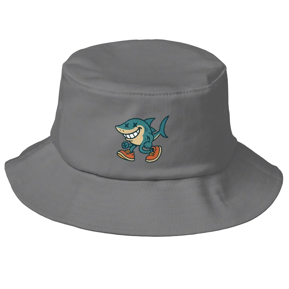 Sombrero bucket gris Doozy Headwear con dibujo de tiburón animado en la parte frontal