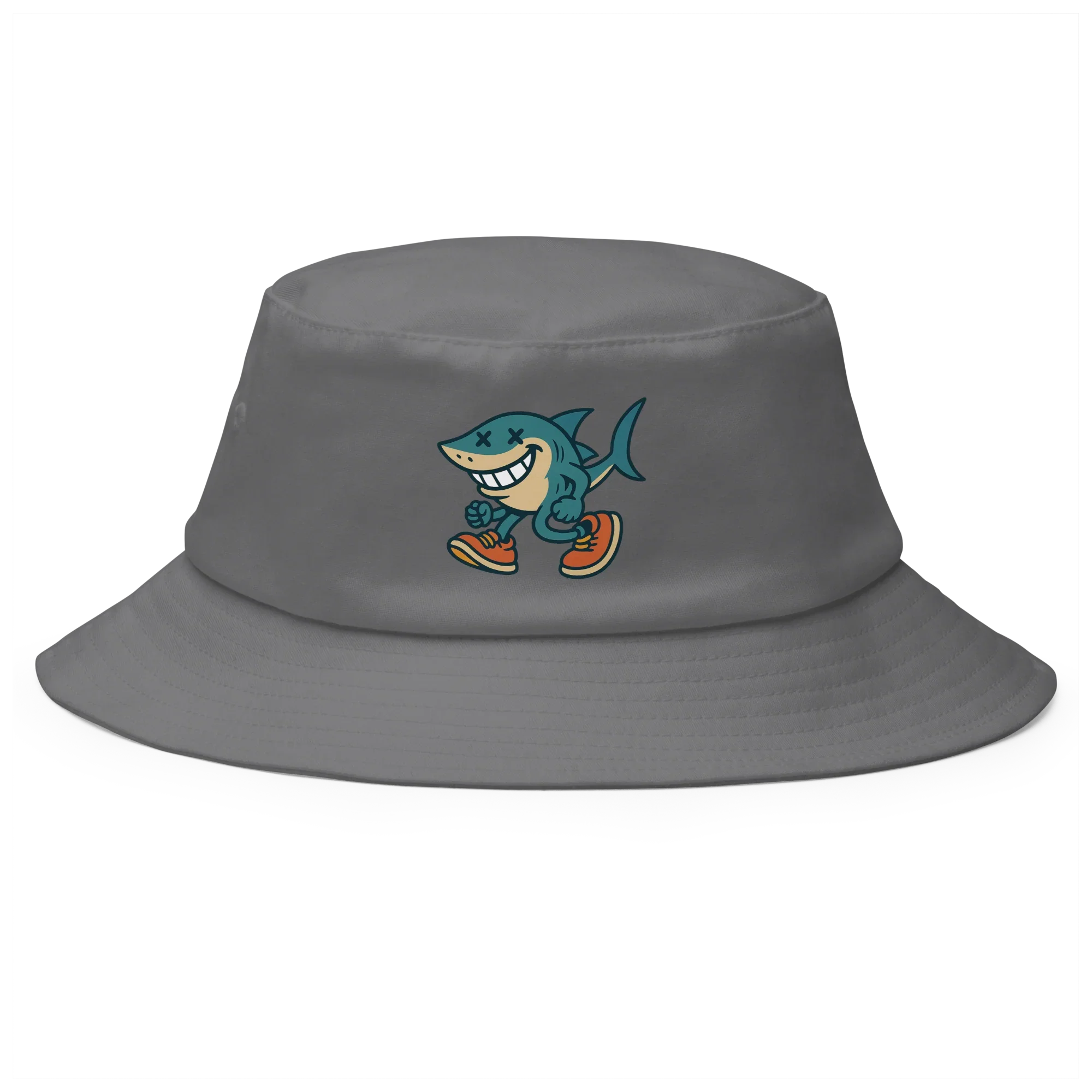 Sombrero bucket gris Doozy Headwear con dibujo de tiburón sonriente y zapatillas.