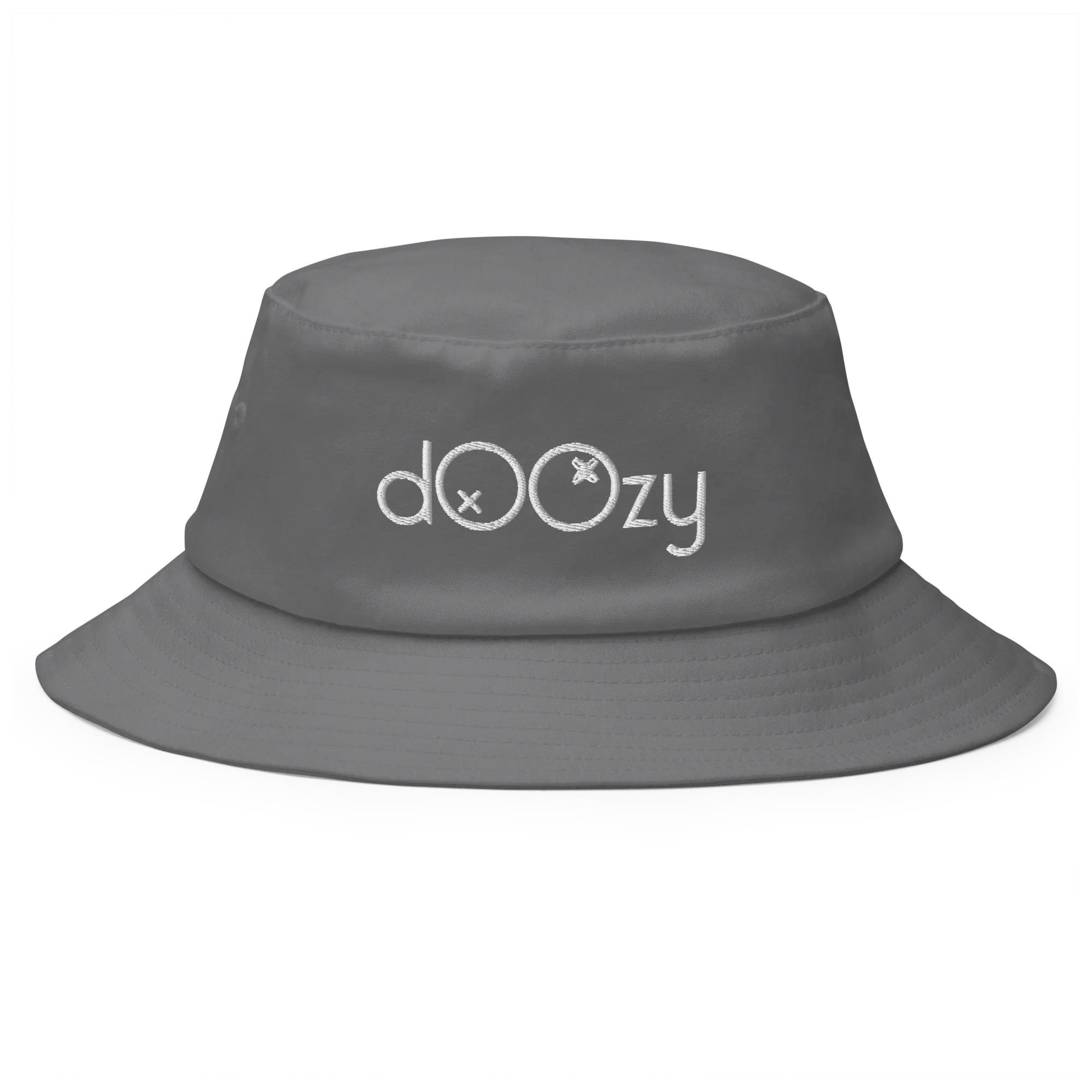 Gorro pescador gris Doozy Headwear con logo dOOzy bordado, fondo negro