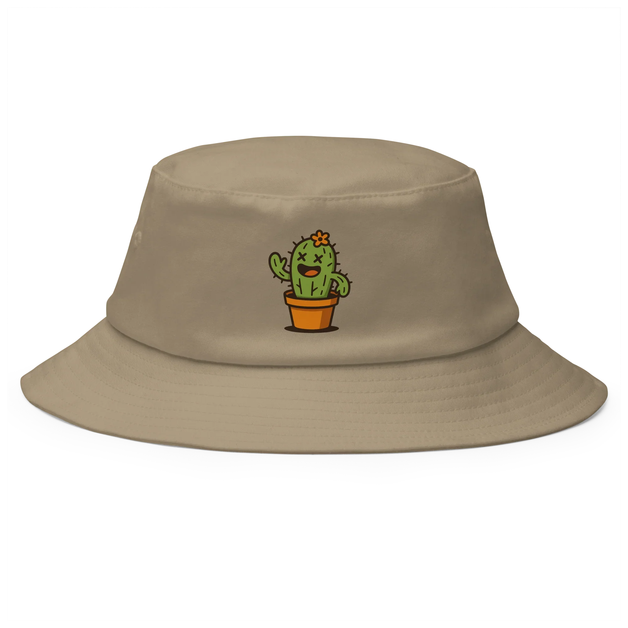 Sombrero bucket khaki Doozy Headwear con cactus animado bordado en el frente.