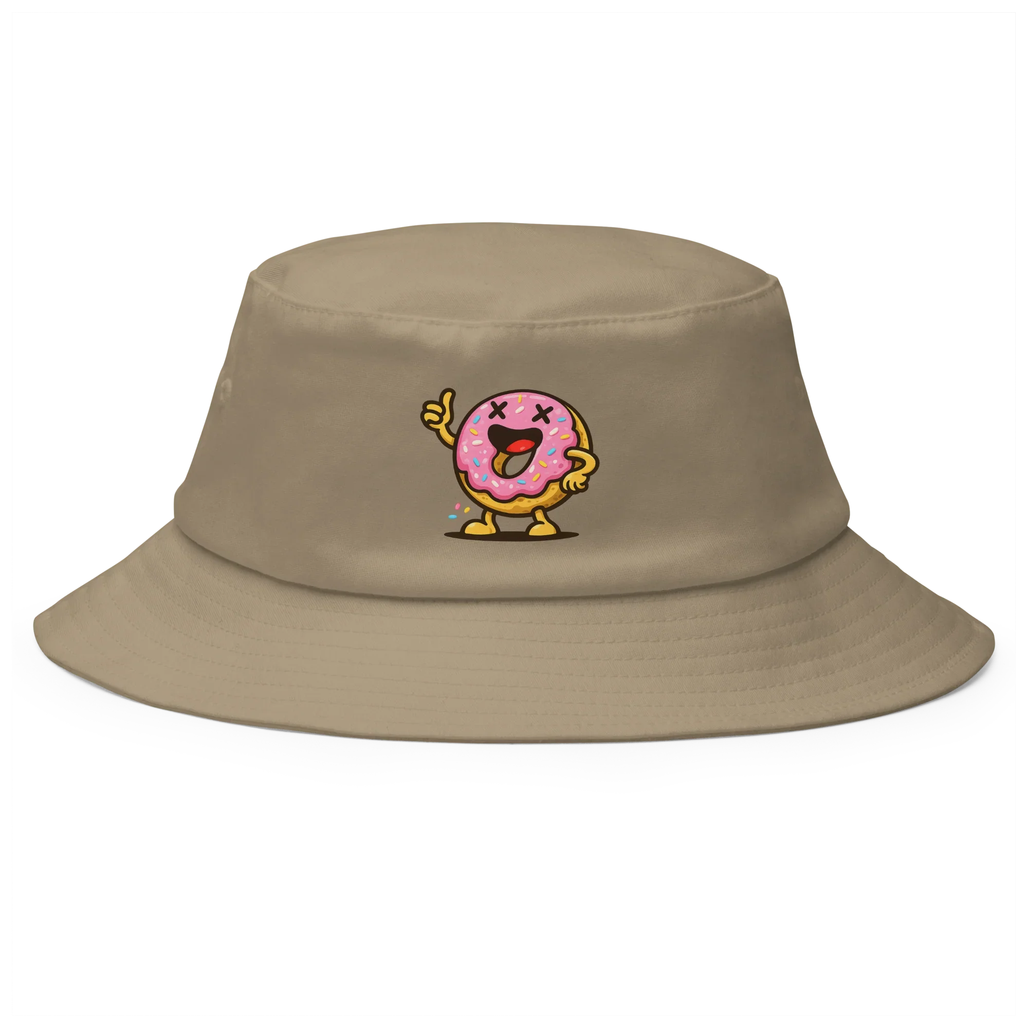 Sombrero bucket khaki Doozy Headwear con dibujo de dona rosa sonriente