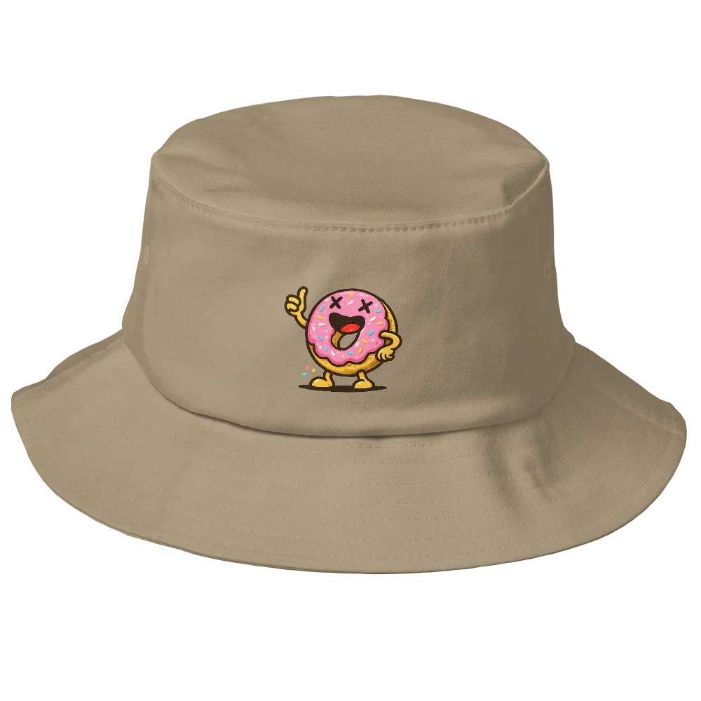 Sombrero bucket khaki Doozy Headwear con estampado de dona rosa animada al frente