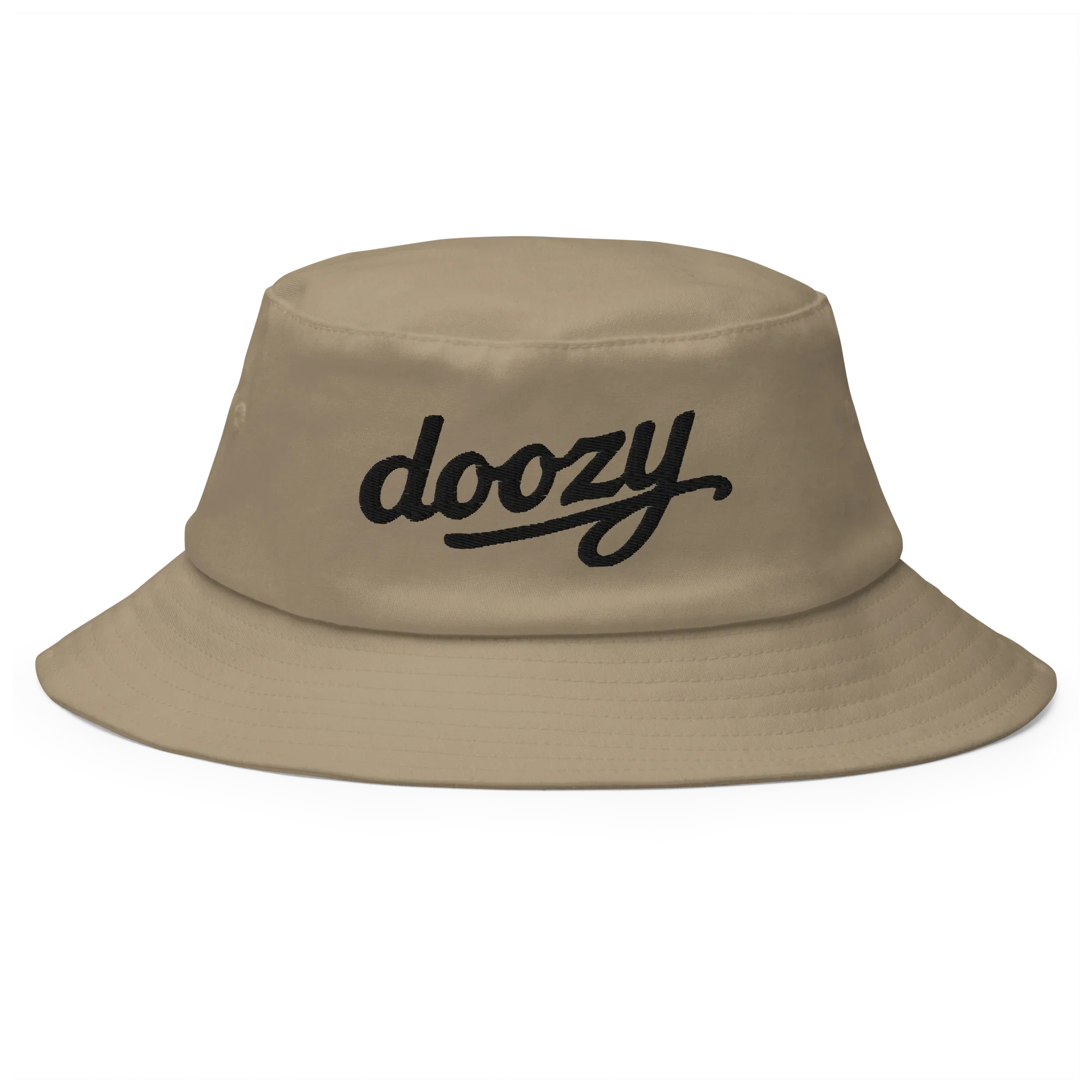 Sombrero bucket khaki Doozy Headwear con logo bordado negro, estilo urbano.
