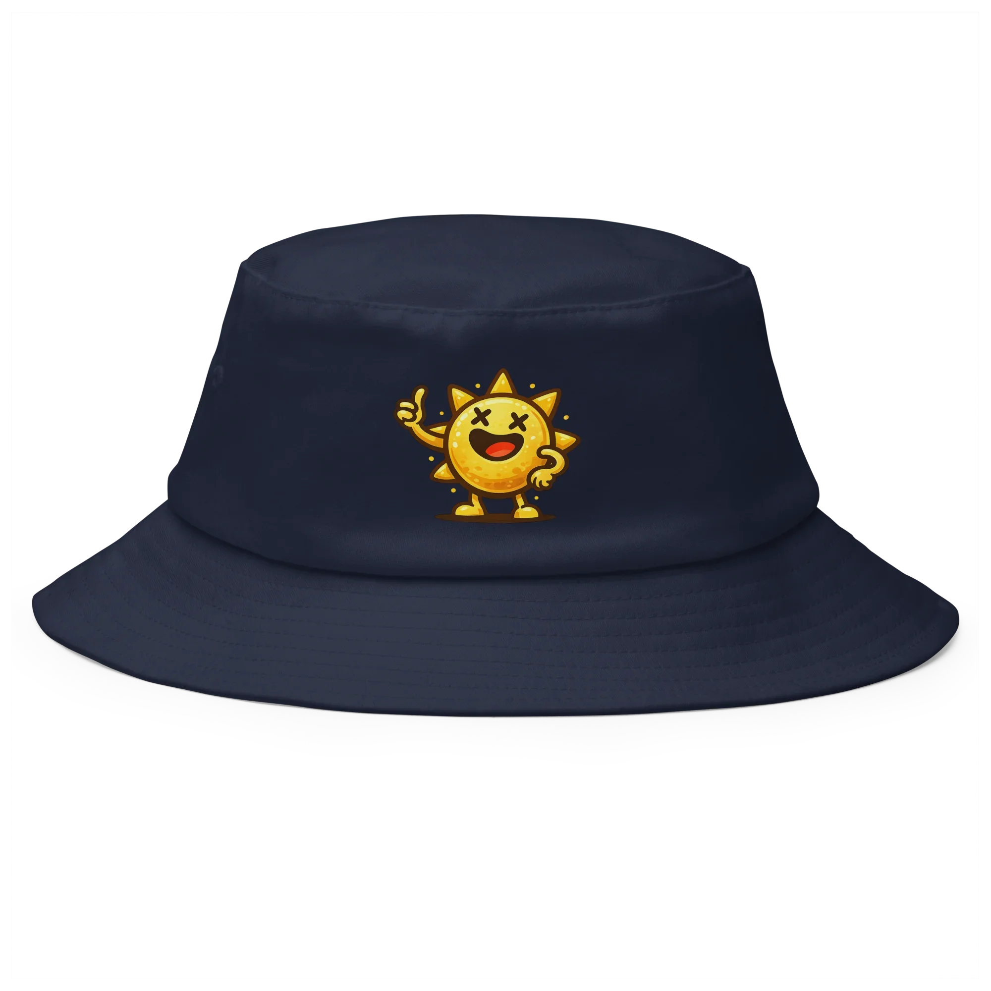 Sombrero bucket navy Doozy Headwear con sol animado amarillo en el frente, tienda oficial dOOzy