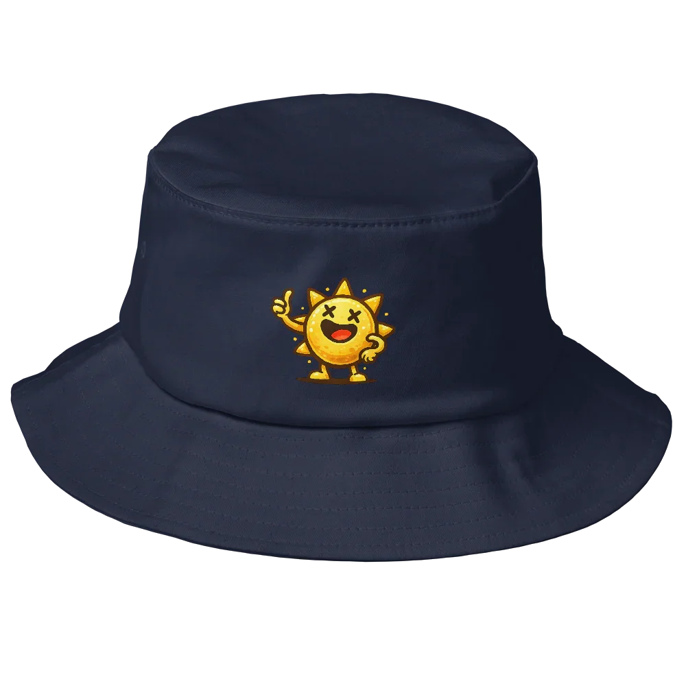 Gorro bucket azul marino Doozy Headwear con sol animado amarillo bordado al frente