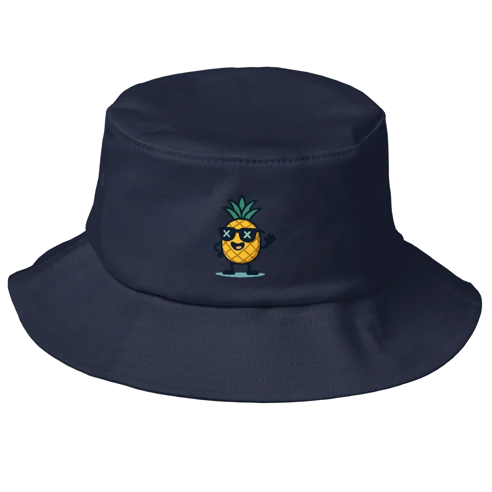 Sombrero bucket azul marino Doozy Headwear con piña animada bordada al frente.