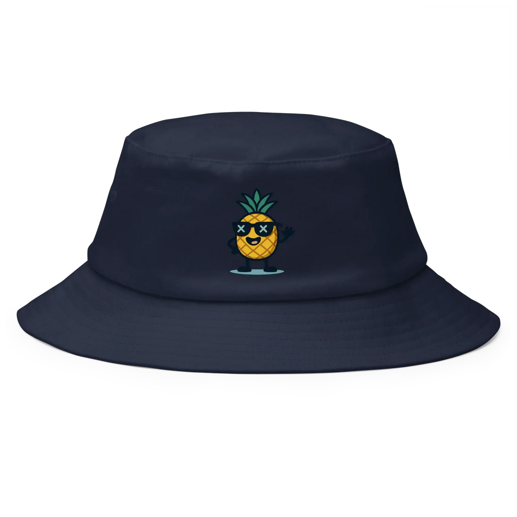 Sombrero bucket azul marino Doozy Headwear con piña animada estampada al frente.