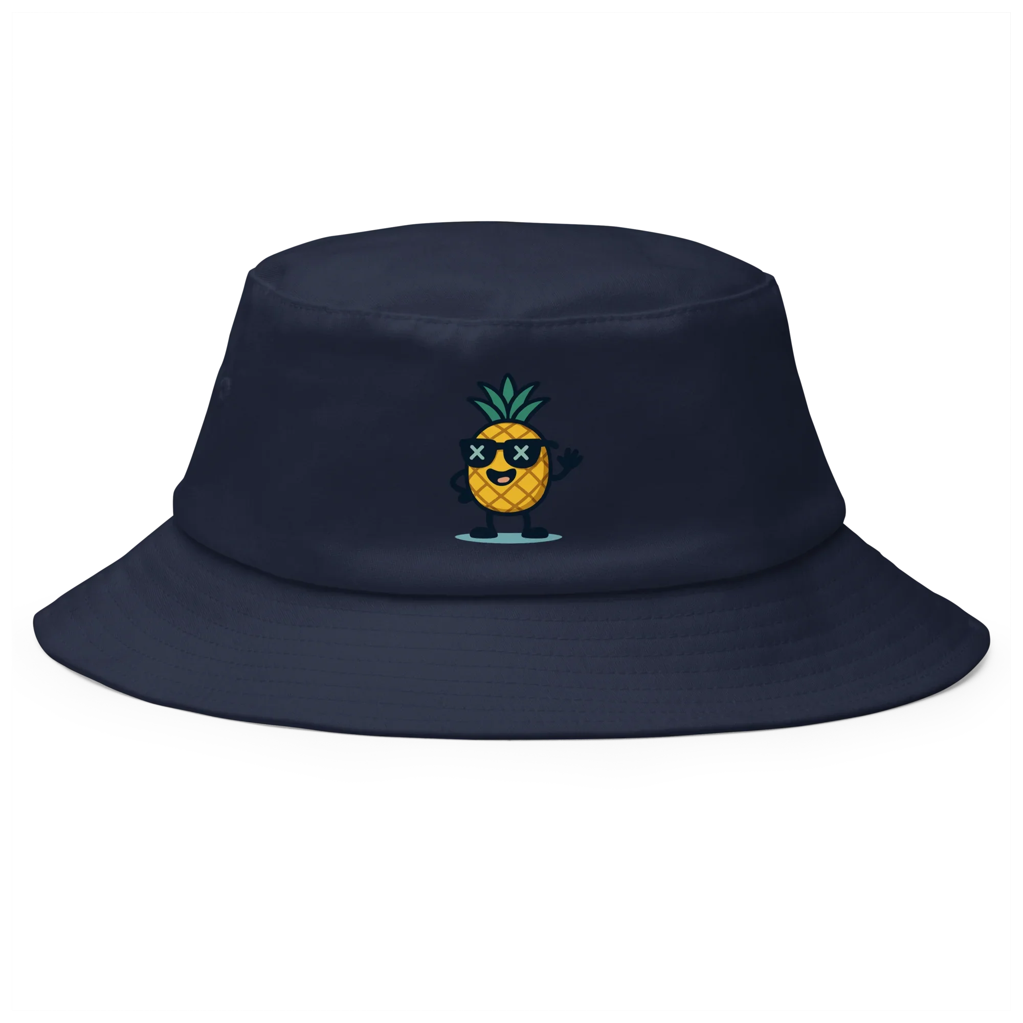 Sombrero bucket azul marino Doozy Headwear con piña animada estampada al frente.