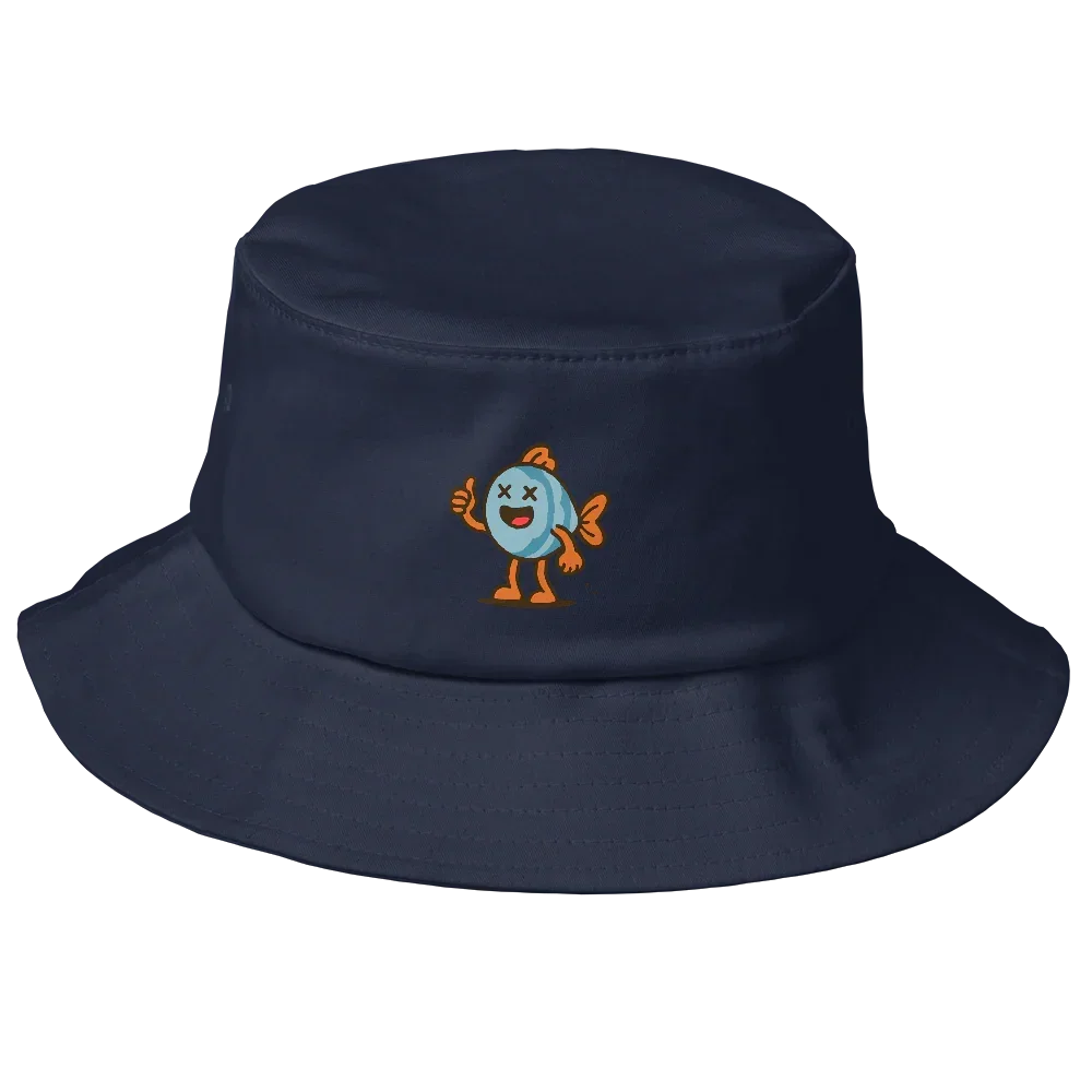 Sombrero bucket azul marino Doozy Headwear con dibujo de pez animado bordado al frente