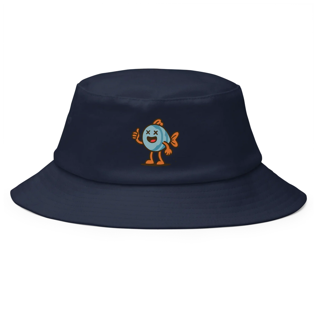 Sombrero bucket azul marino Doozy Headwear con dibujo colorido de pez sonriente al frente