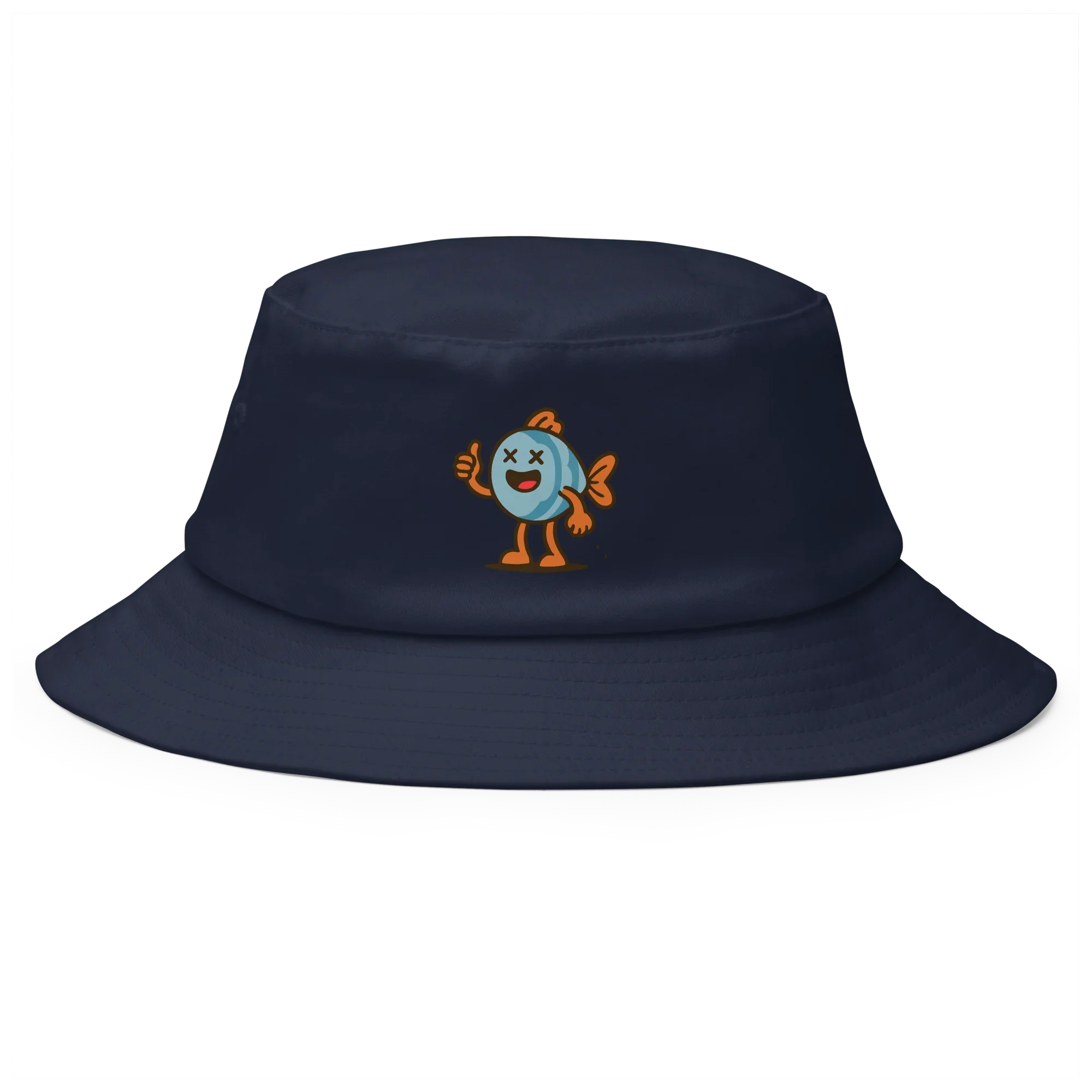 Sombrero bucket azul marino Doozy Headwear con dibujo colorido de pez sonriente al frente