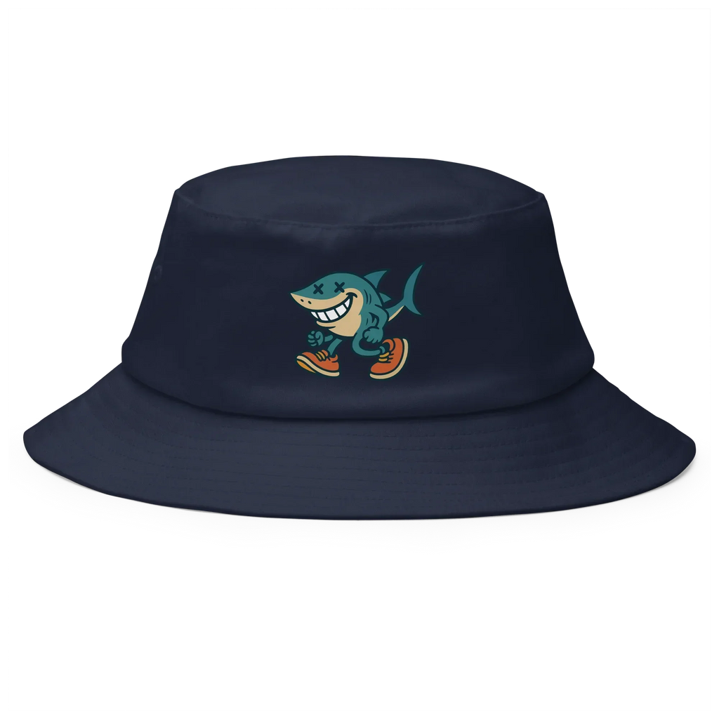 Sombrero bucket azul marino Doozy Headwear con tiburón caricatura y logo dOOzy