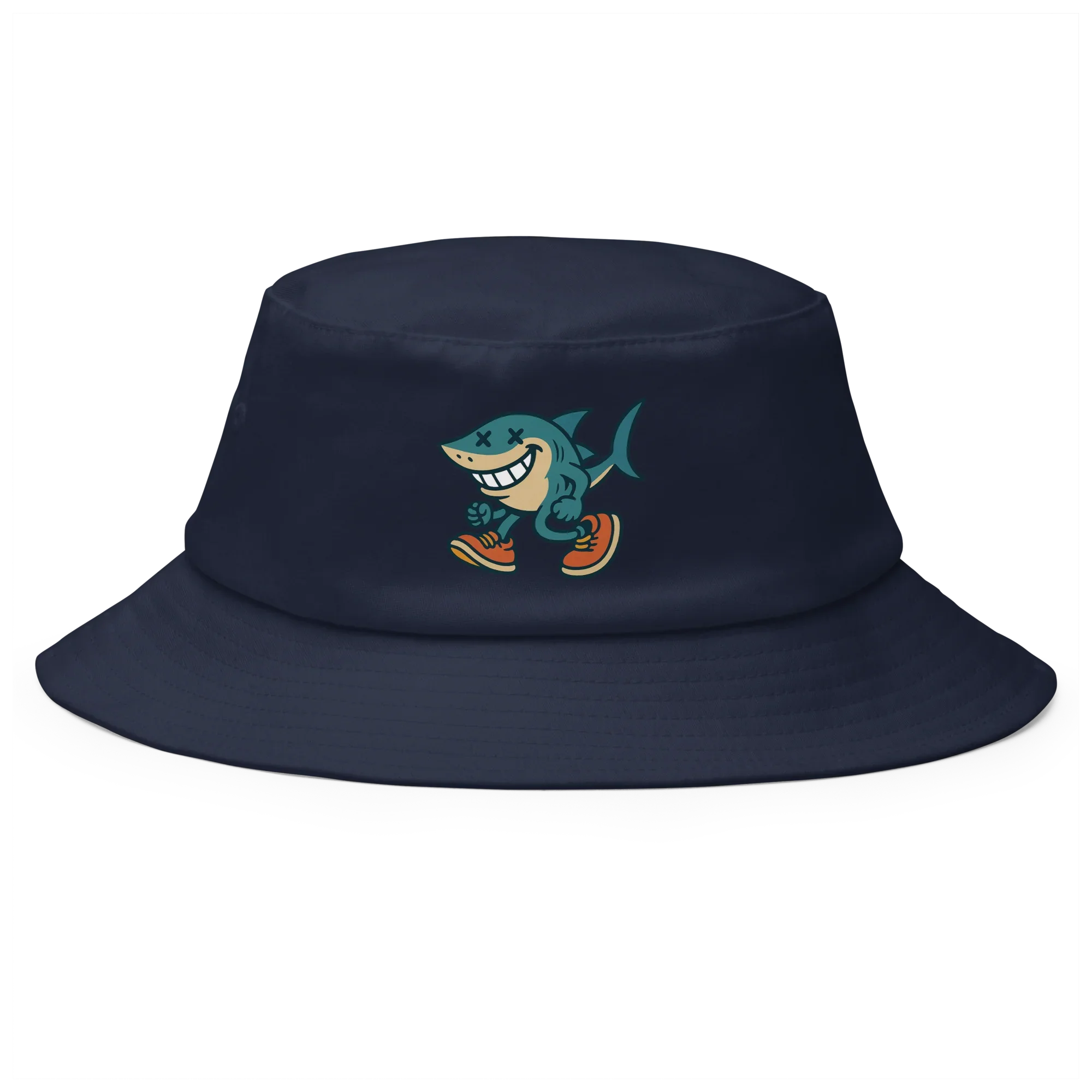 Sombrero bucket azul marino Doozy Headwear con tiburón caricatura y logo dOOzy