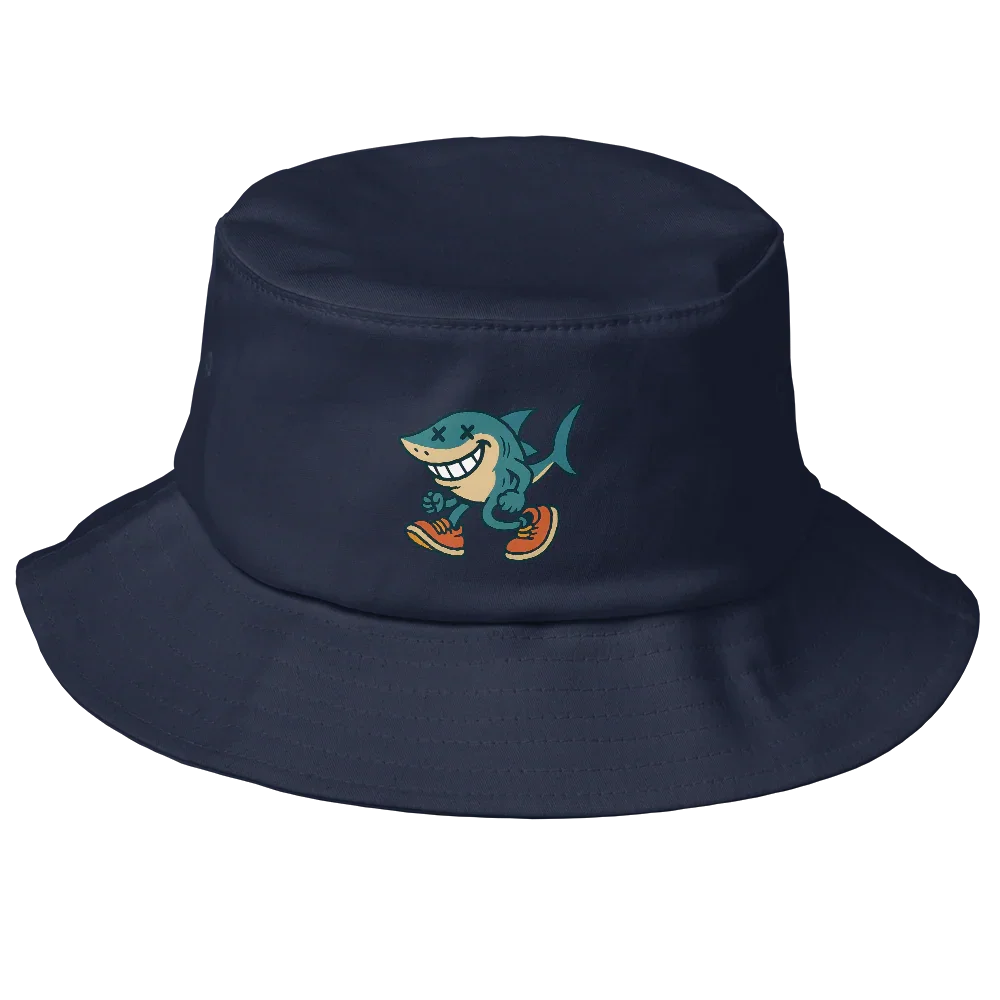 Sombrero bucket azul marino Doozy Headwear con dibujo de tiburón animado caminando