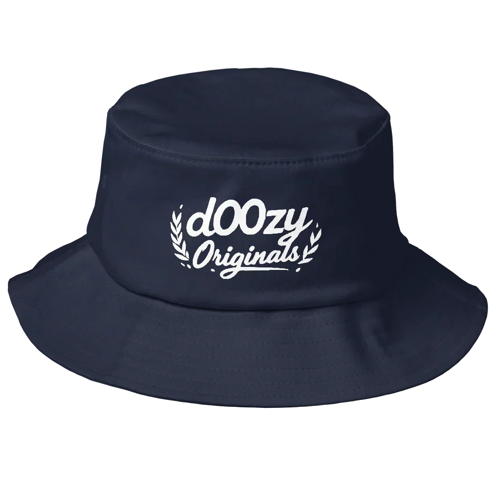 Sombrero bucket azul marino Doozy Headwear con logo dOOzy Originals bordado en blanco