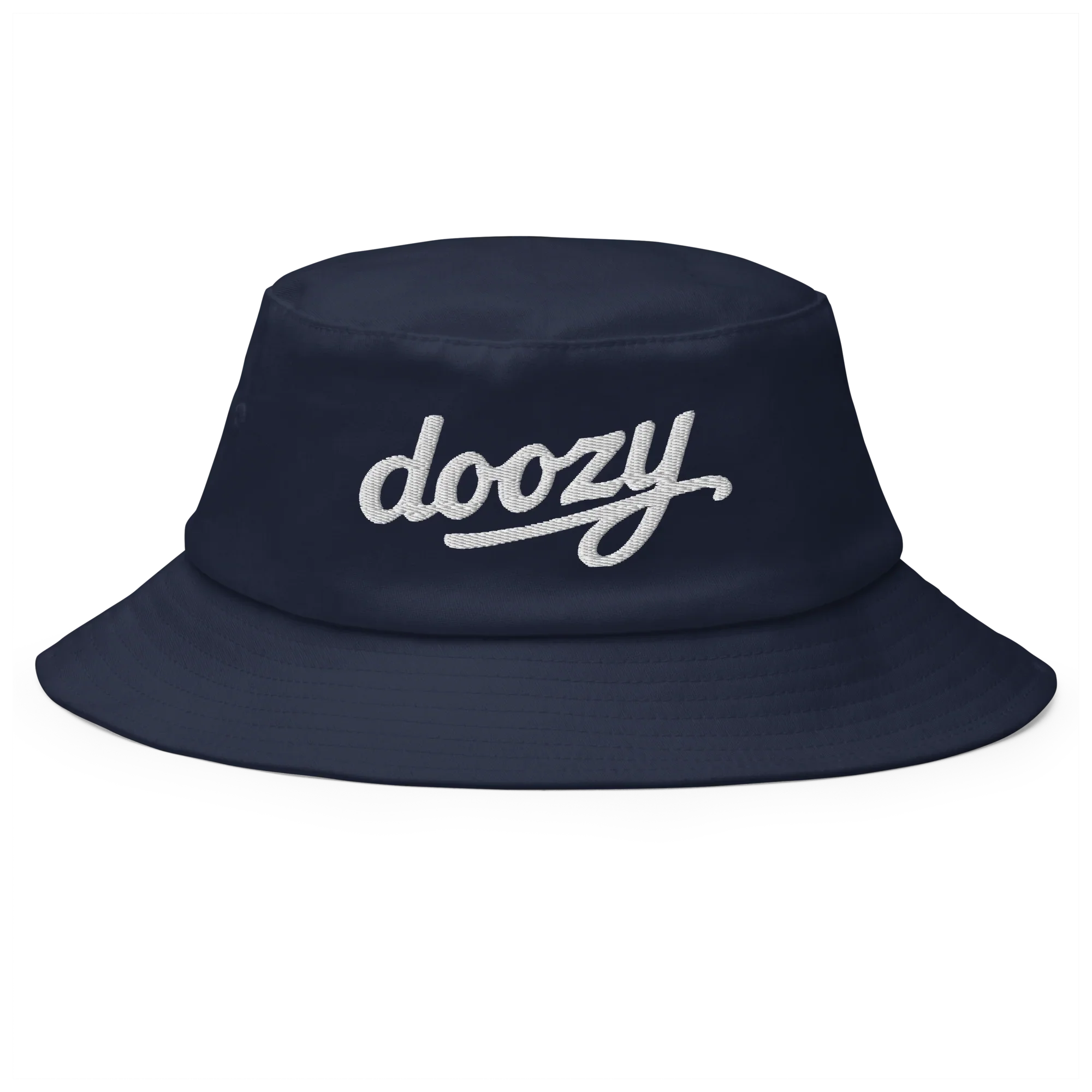Sombrero bucket azul marino Doozy Headwear con logo bordado en blanco
