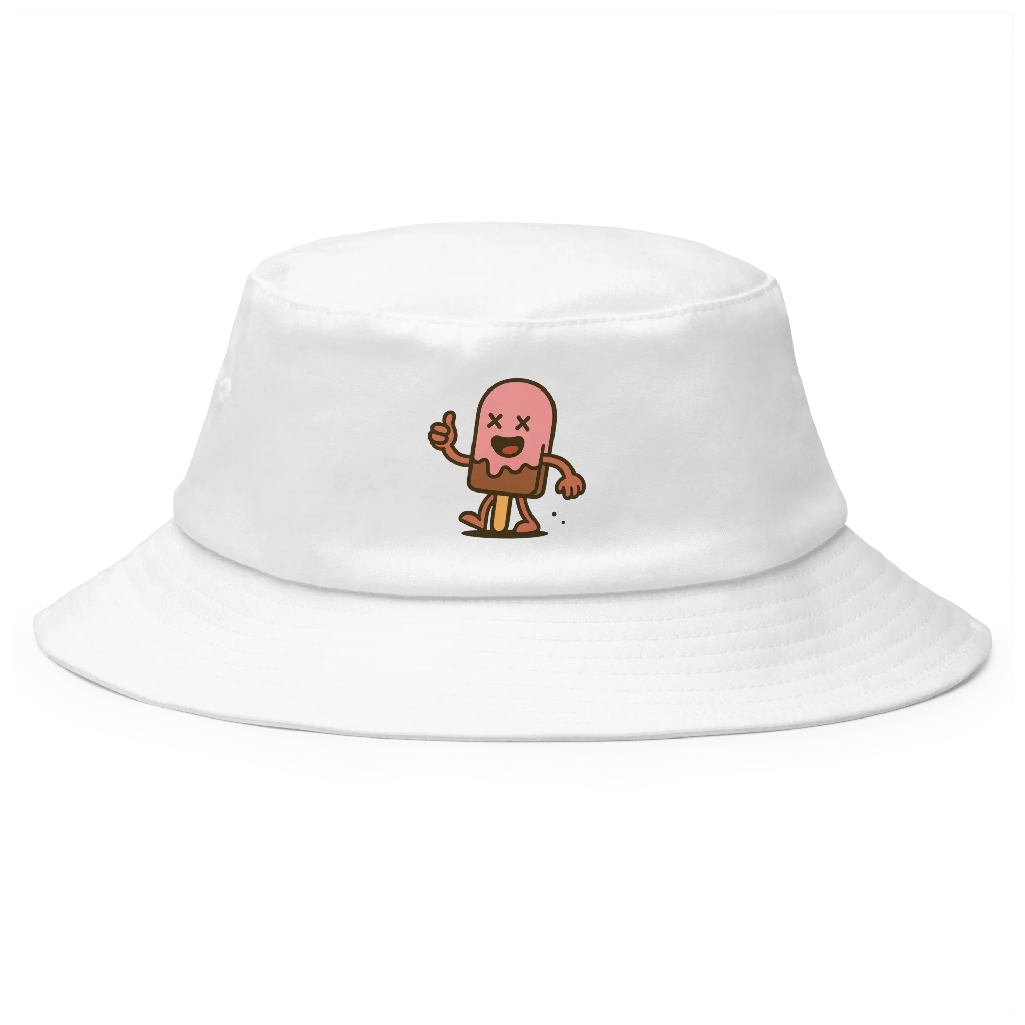 Sombrero bucket blanco Doozy Headwear con dibujo de paleta sonriente en el frente