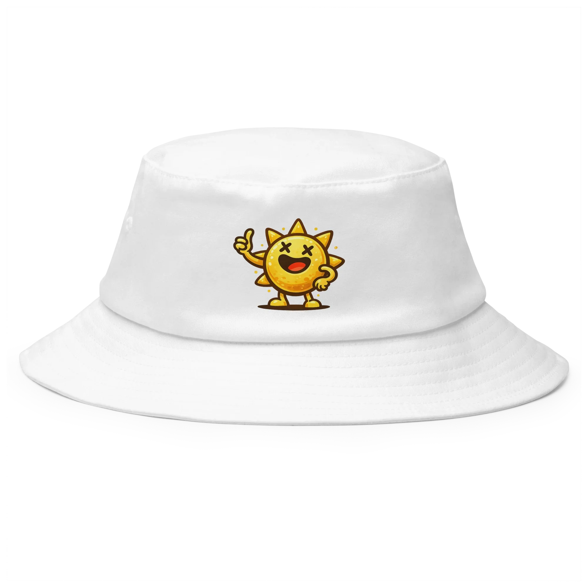 Sombrero bucket blanco Doozy Headwear con sol animado amarillo en el frente