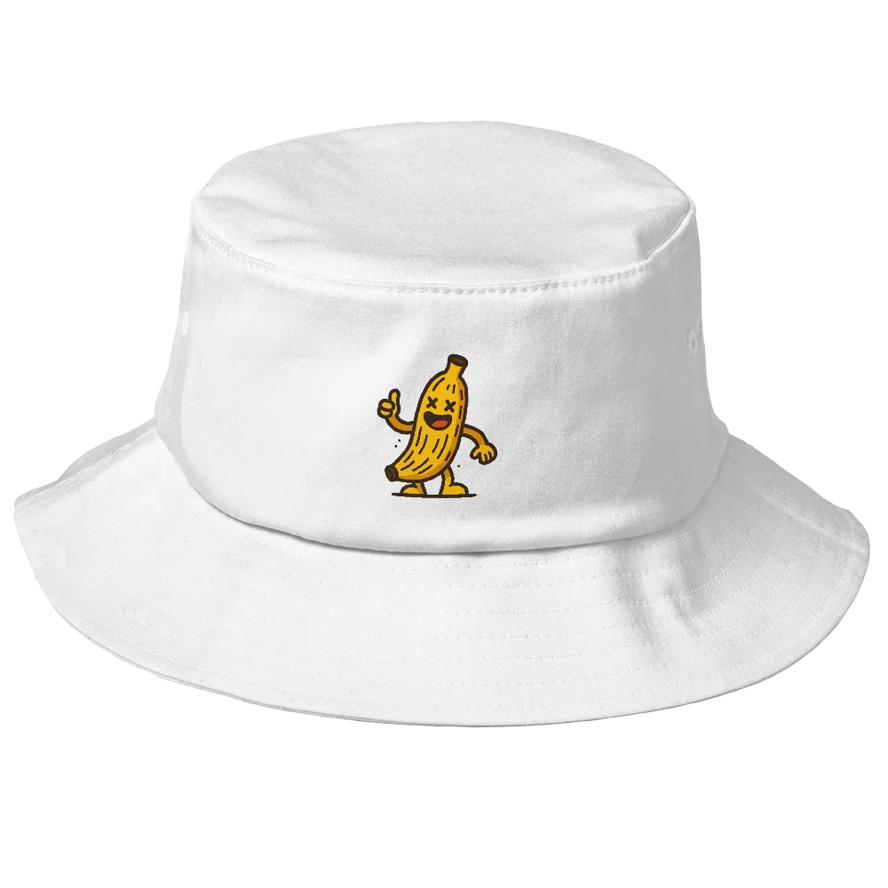 Sombrero bucket blanco Doozy Headwear con dibujo de plátano caricaturesco al frente