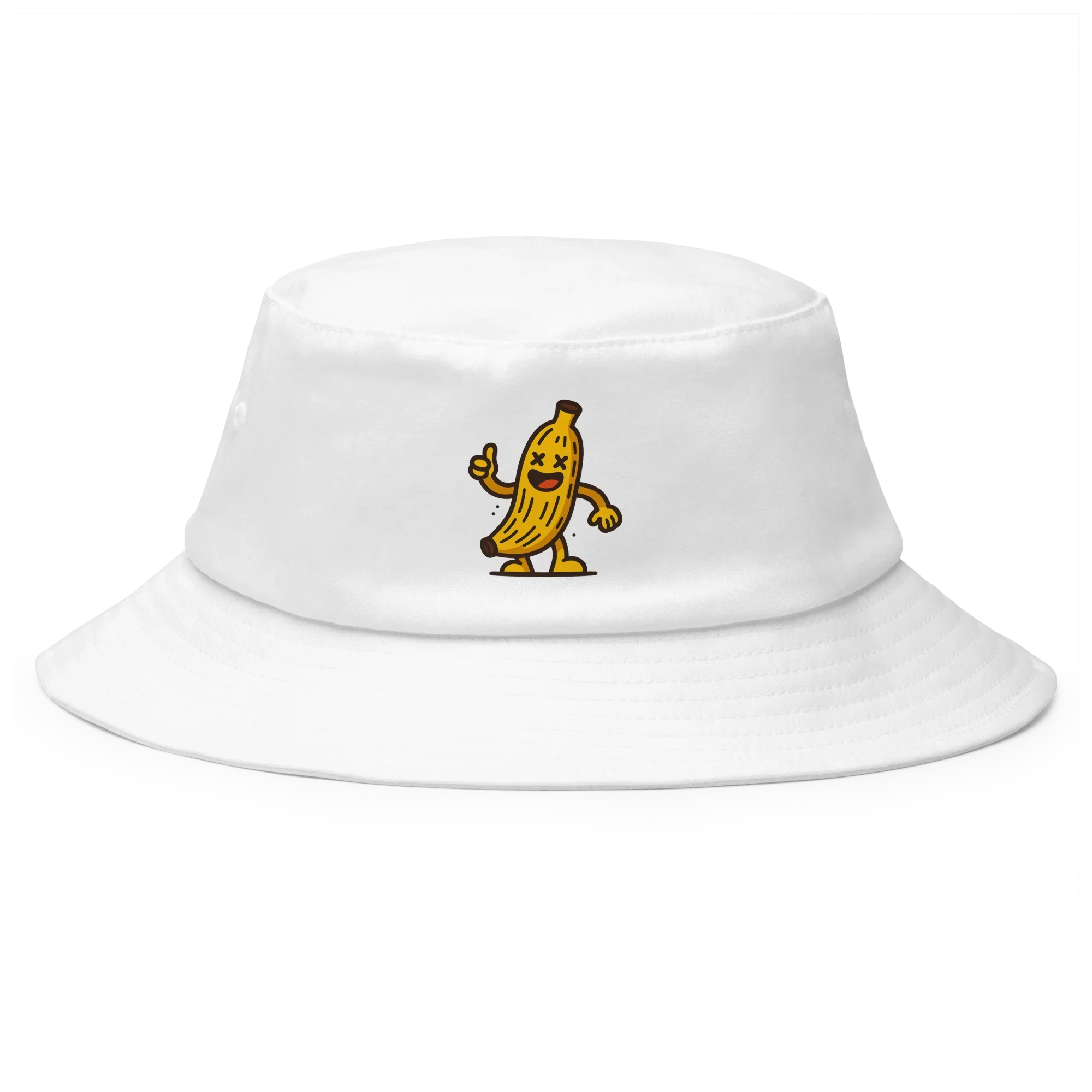 Sombrero bucket blanco Doozy Headwear con dibujo de plátano animado en el frente