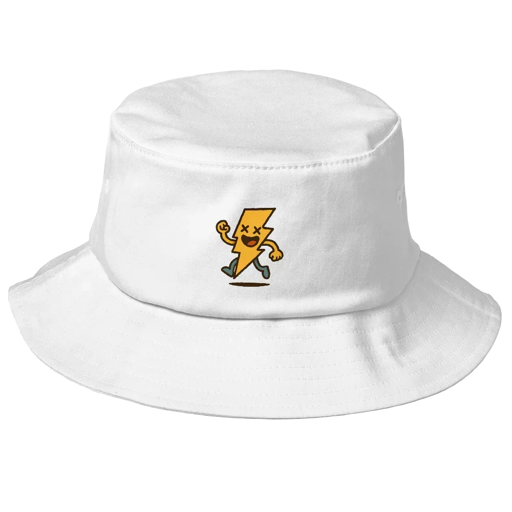 Sombrero bucket blanco Doozy Headwear con rayo animado bordado en el frente