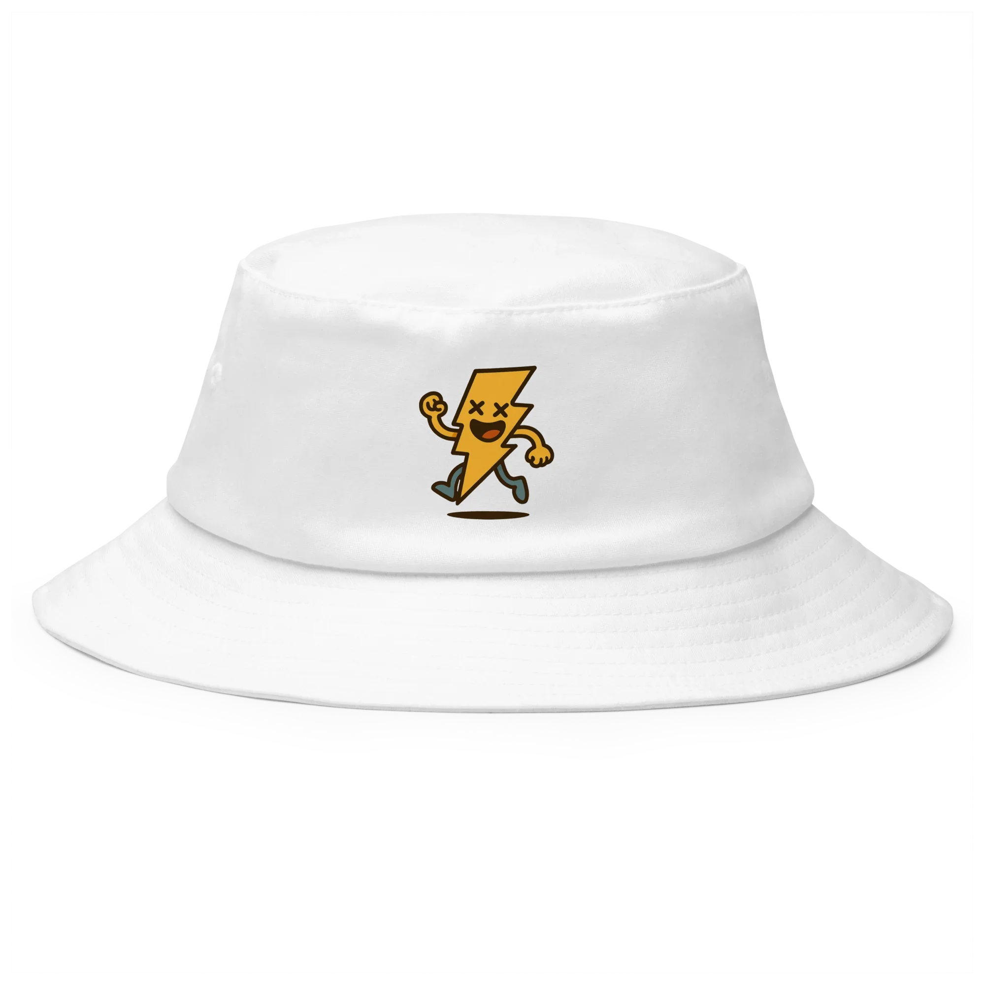 Sombrero bucket blanco Doozy Headwear con diseño de rayo animado en el frente