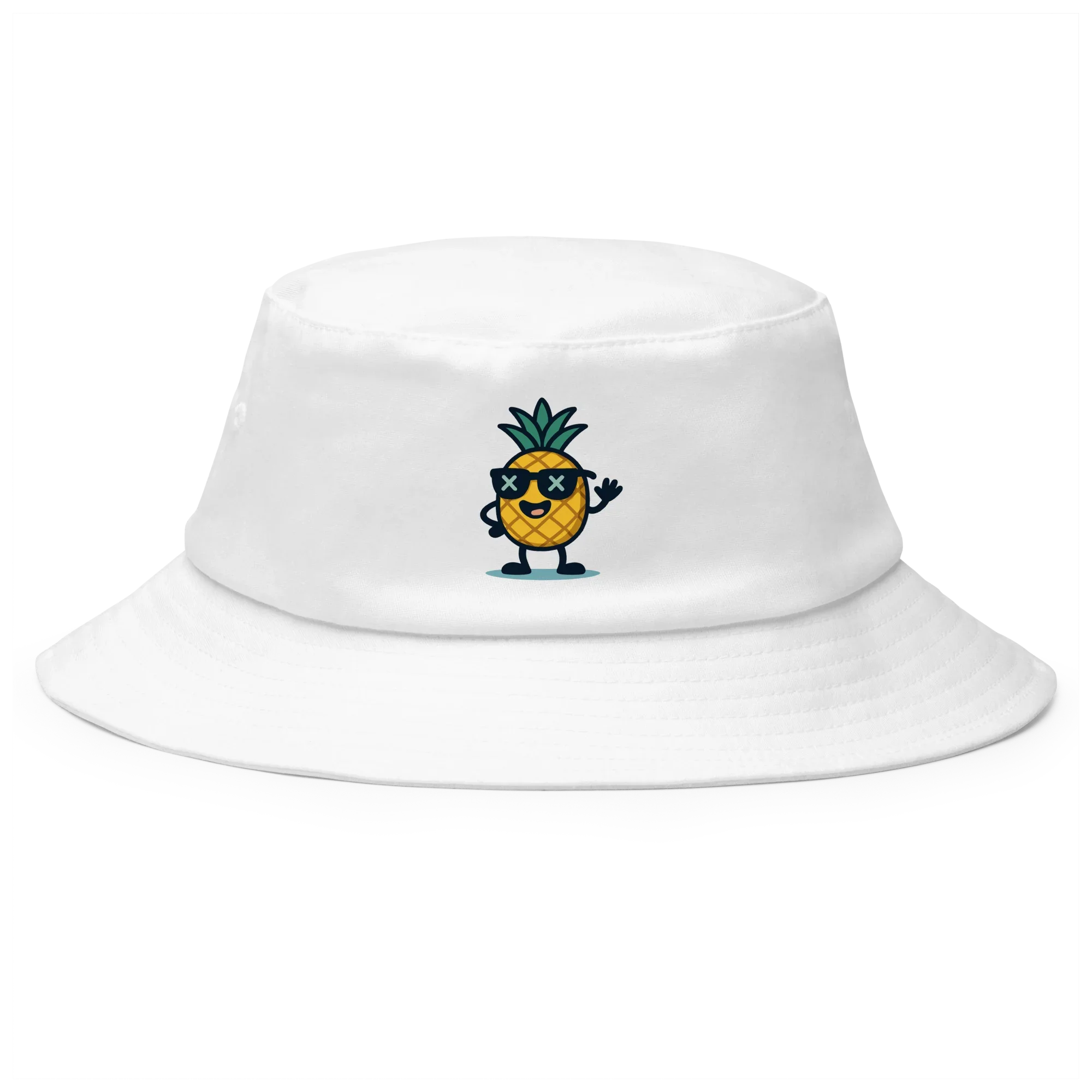 Sombrero bucket blanco Doozy Headwear con piña animada, estilo urbano y moderno.