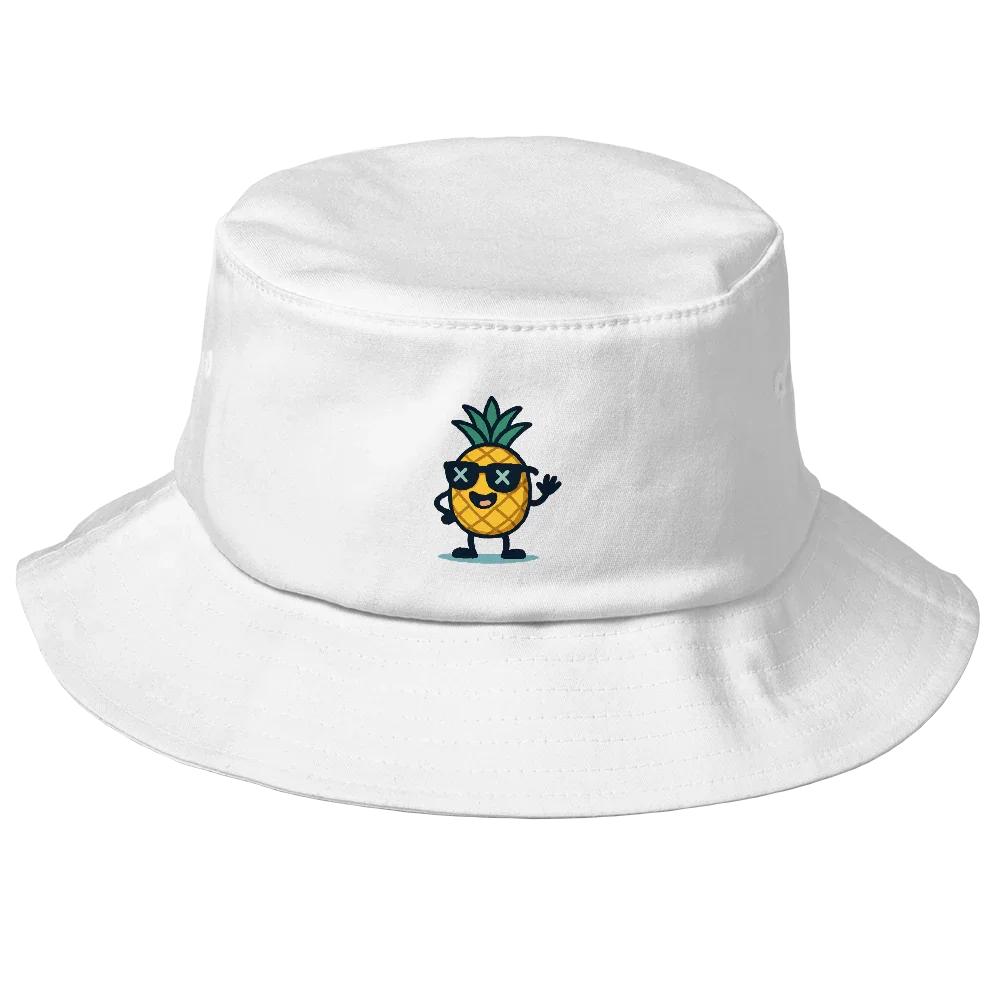 Sombrero bucket blanco Doozy Headwear con piña caricaturesca bordada