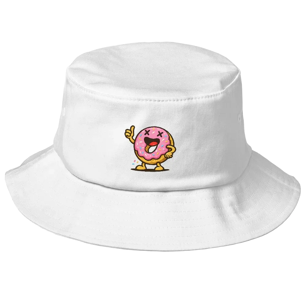 Sombrero bucket blanco Doozy Headwear con dibujo de dona rosa divertida en el frente