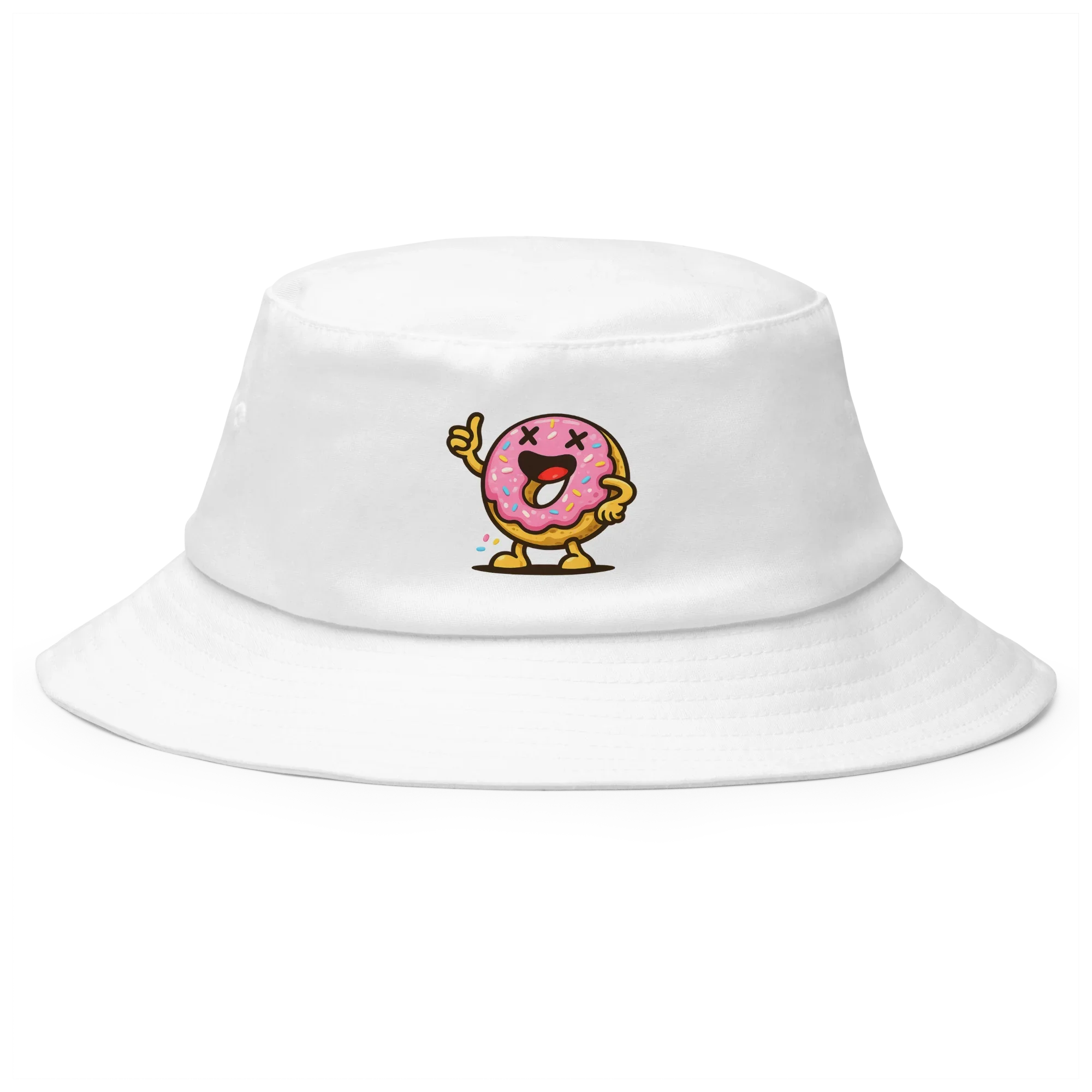 Sombrero bucket blanco Doozy Headwear con dibujo de dona rosa animada en el frente