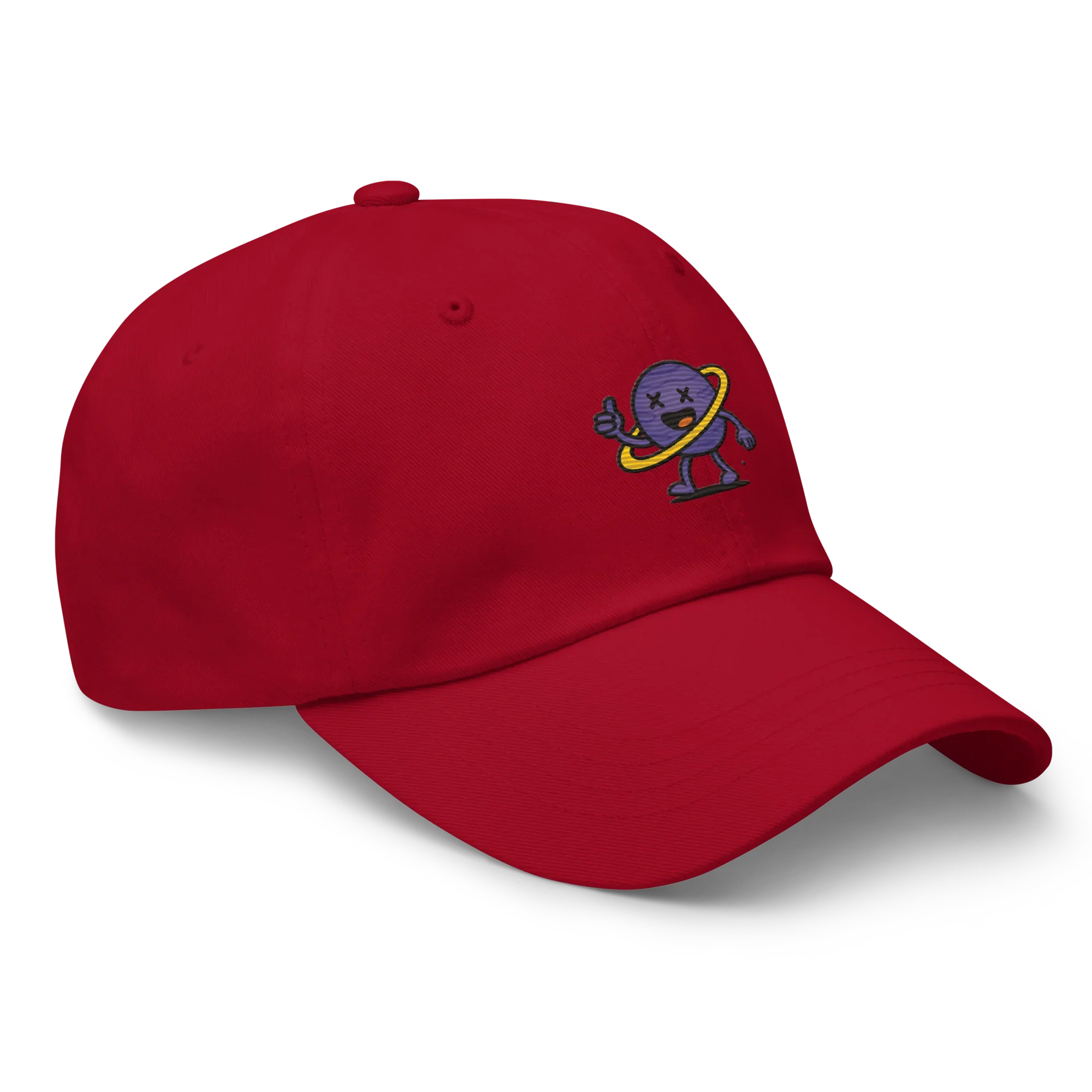 Gorra tipo dad hat roja Doozy Headwear con bordado de personaje animado y aro amarillo