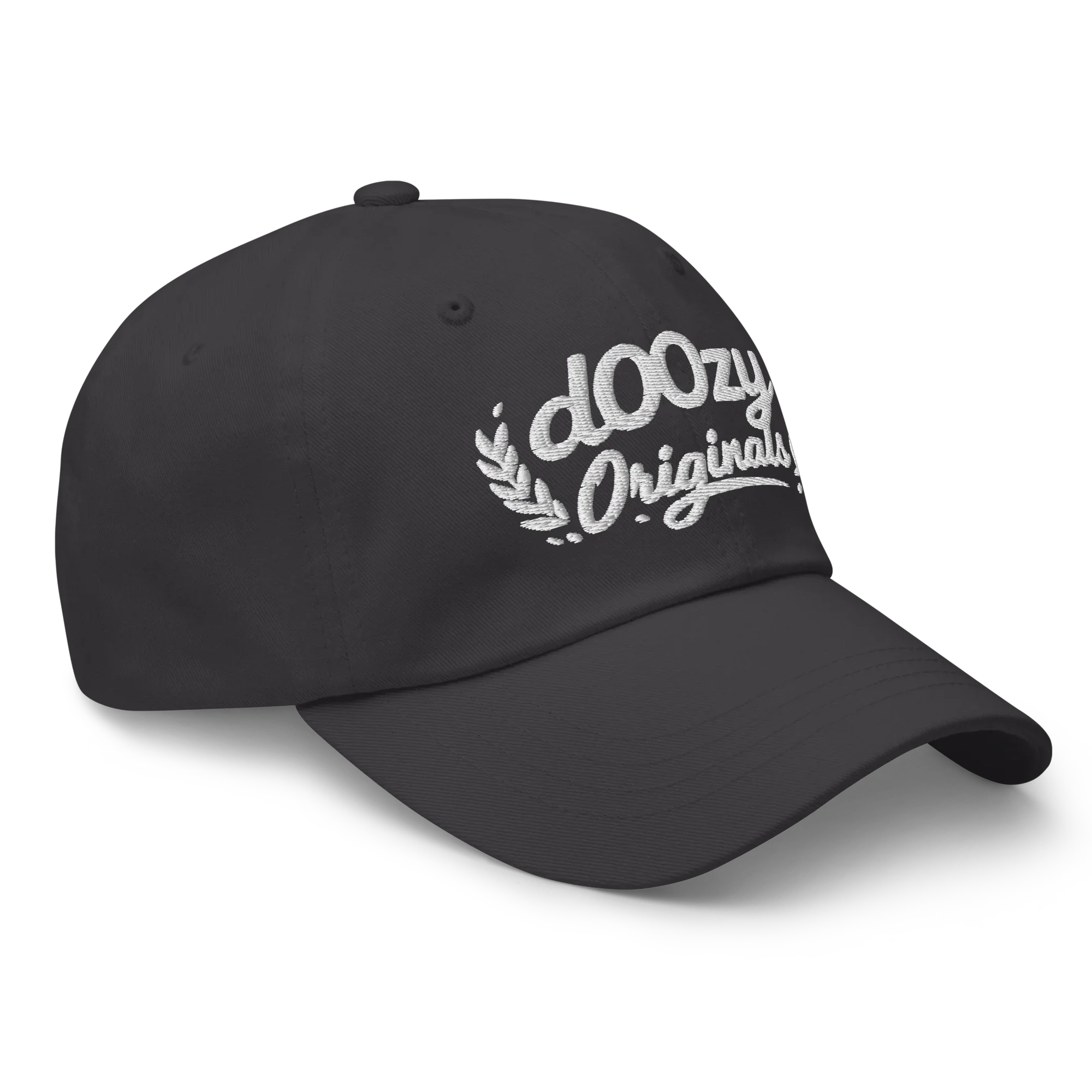 Gorra clásica Doozy Headwear gris oscuro con logo bordado 'dOOzy Originals'.