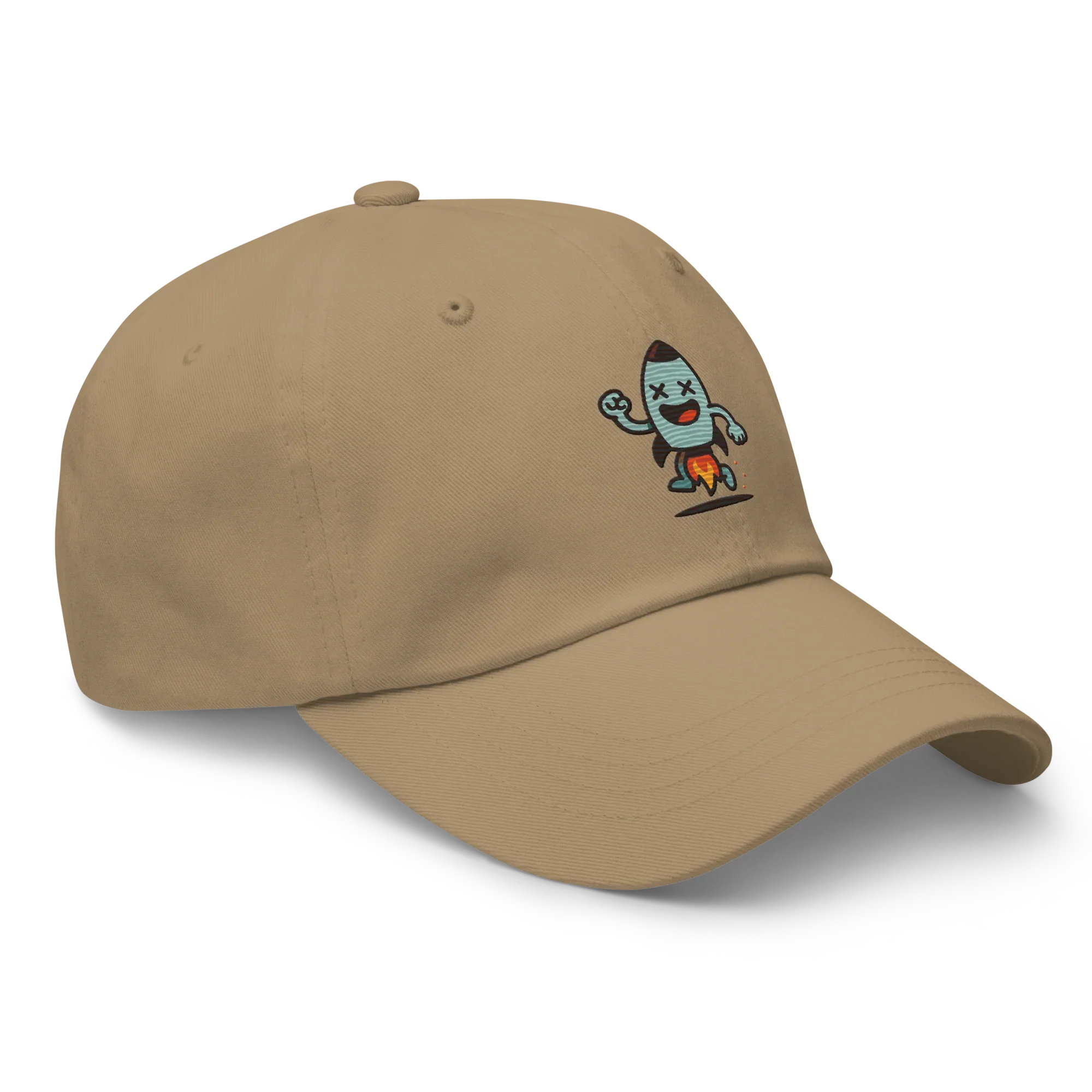 Gorra khaki Doozy Headwear estilo papá, logo dibujo animado en el frente, fondo negro