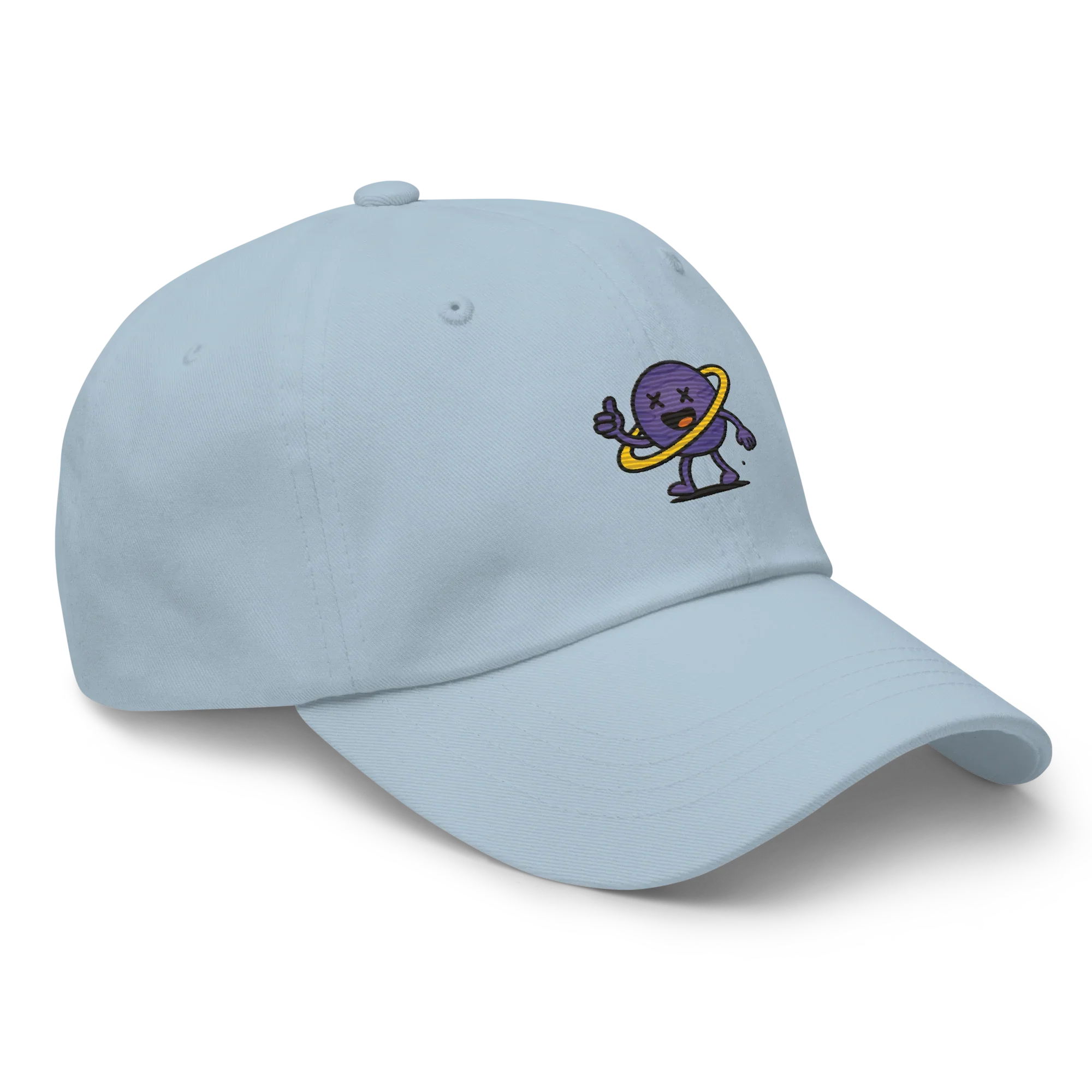 Gorra clásica azul claro Doozy Headwear con dibujo de figura morada y anillo amarillo