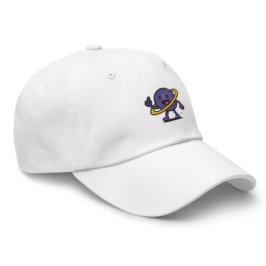 Gorra blanca clásica Doozy Headwear con bordado de personaje morado y aro amarillo