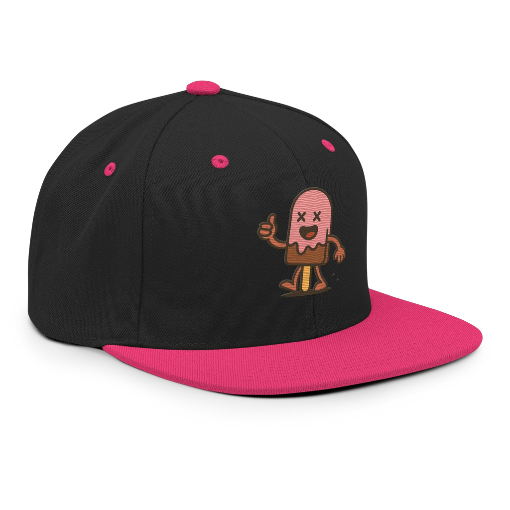 Gorra snapback negra con visera rosa neón y parche gráfico de helado, Doozy Headwear