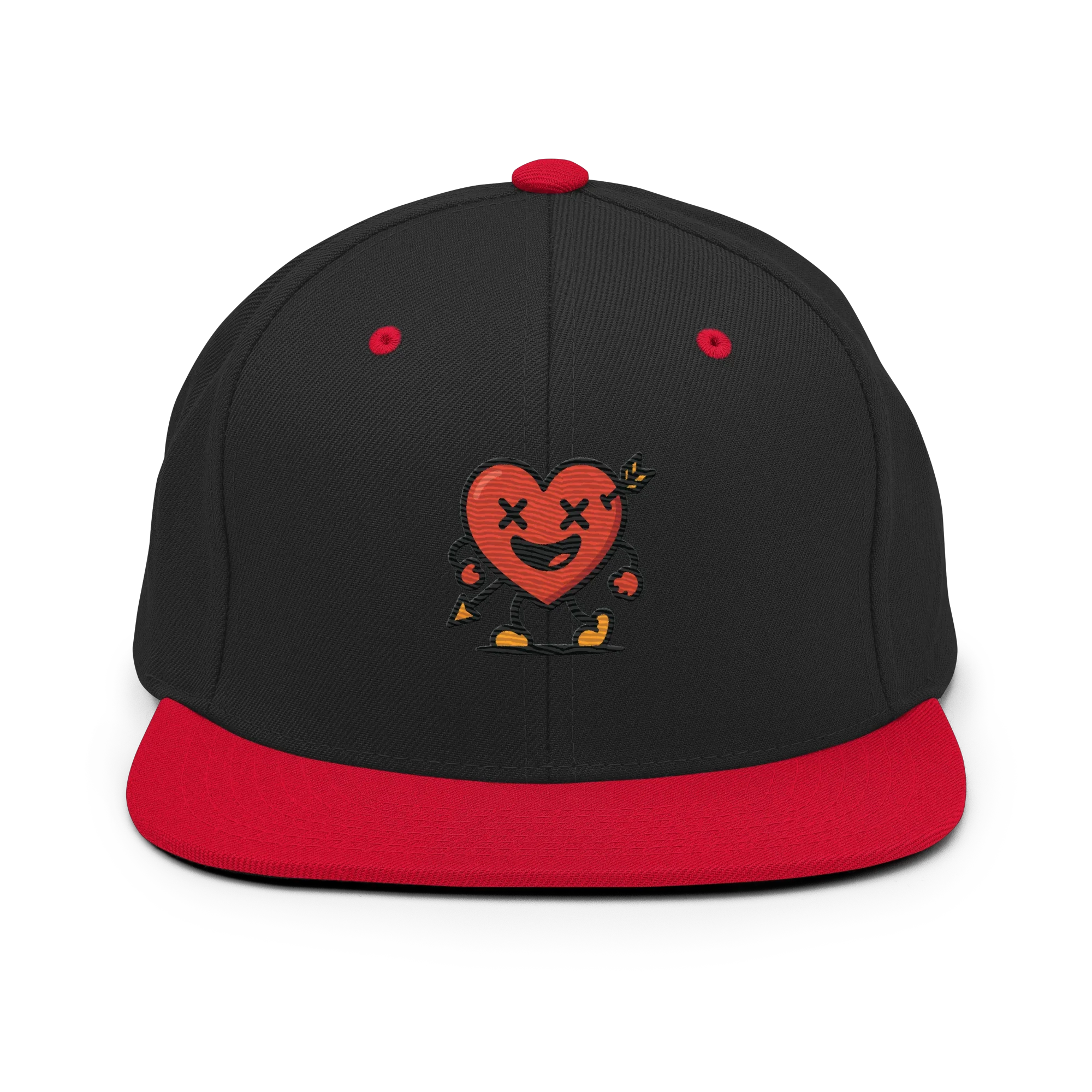 Gorra snapback negra y roja Doozy Headwear con corazón animado bordado al frente
