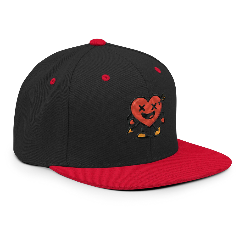 Gorra snapback negra y roja Doozy Headwear con bordado de corazón animado