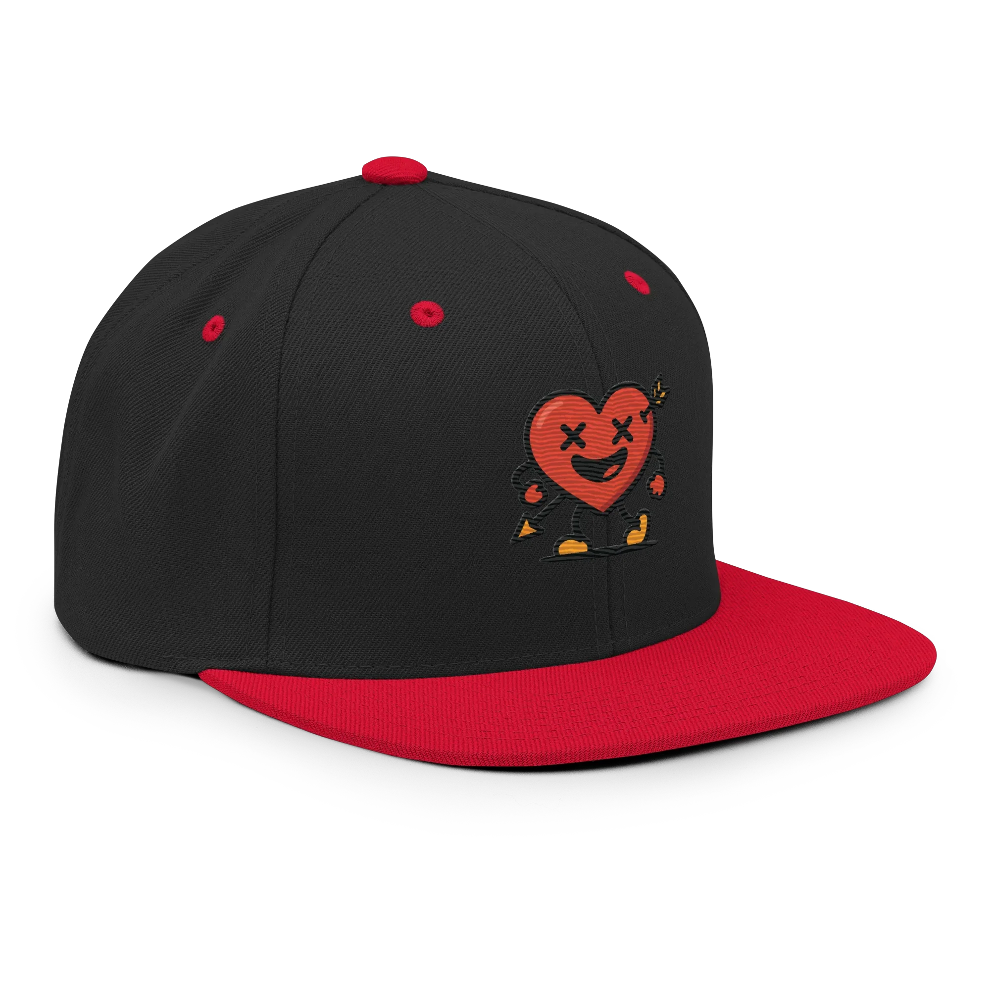 Gorra snapback negra y roja Doozy Headwear con bordado de corazón animado