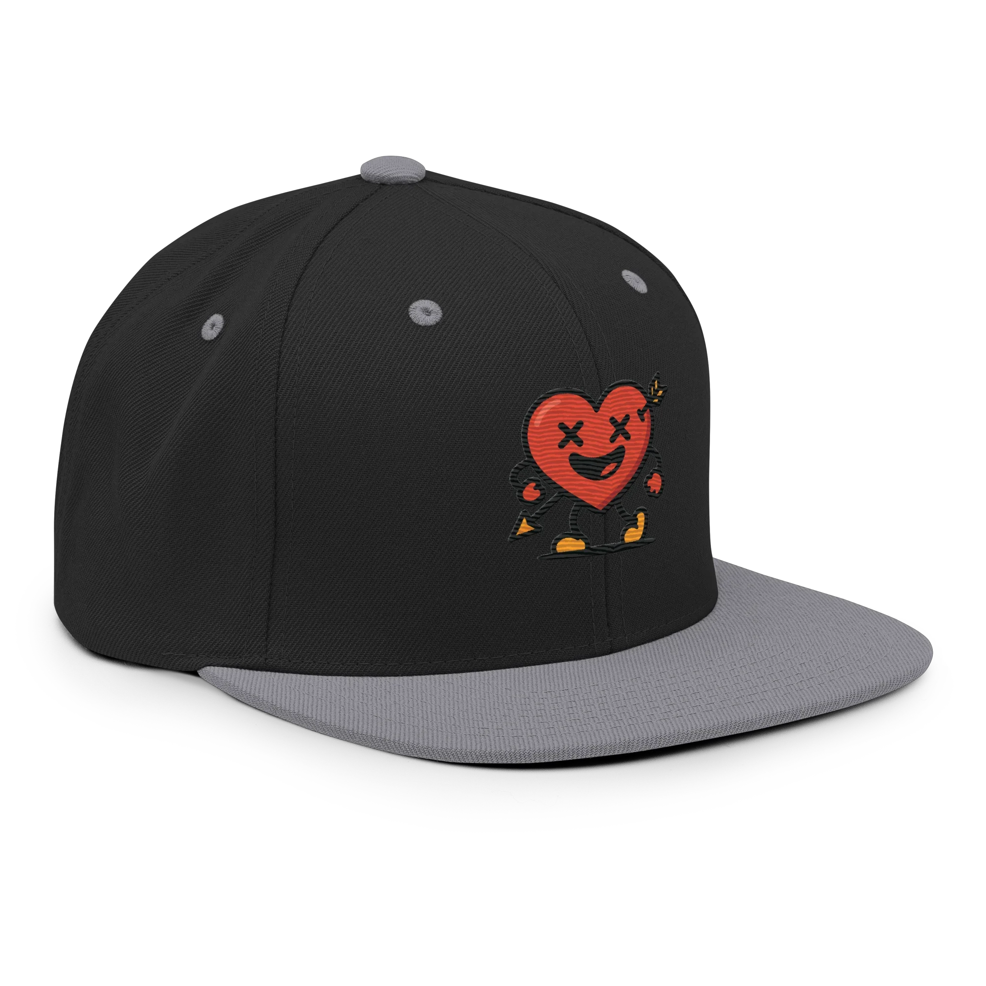 Gorra snapback negra y plateada Doozy Headwear con bordado de corazón animado