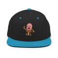 Gorra snapback negro con visera azul y logo de helado caricatura Doozy Headwear.