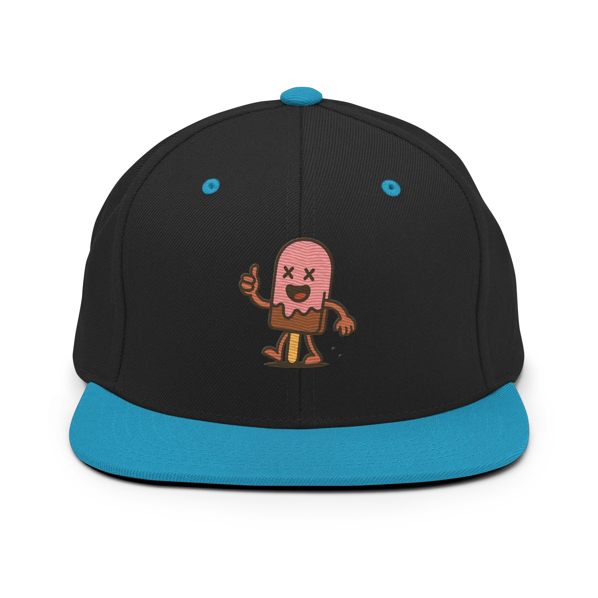 Gorra snapback negro con visera azul y logo de helado caricatura Doozy Headwear.