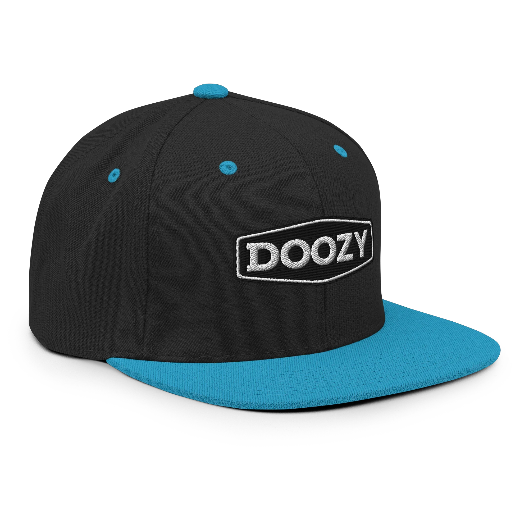 Gorra snapback negra con visera azul y logo Doozy bordado, dOOzy Headwear.