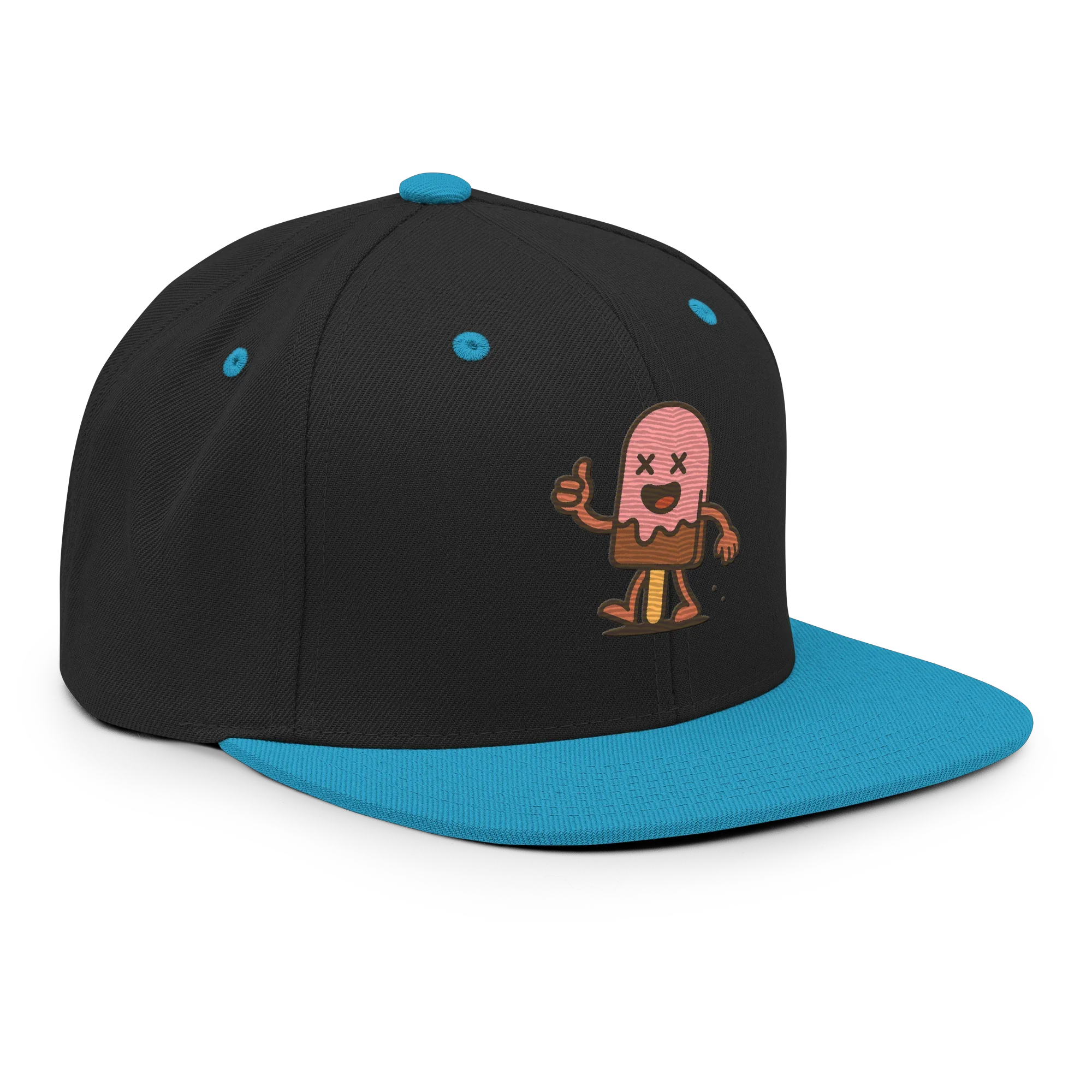 Gorra snapback negra y turquesa Doozy Headwear con logo de paleta animada en el frente