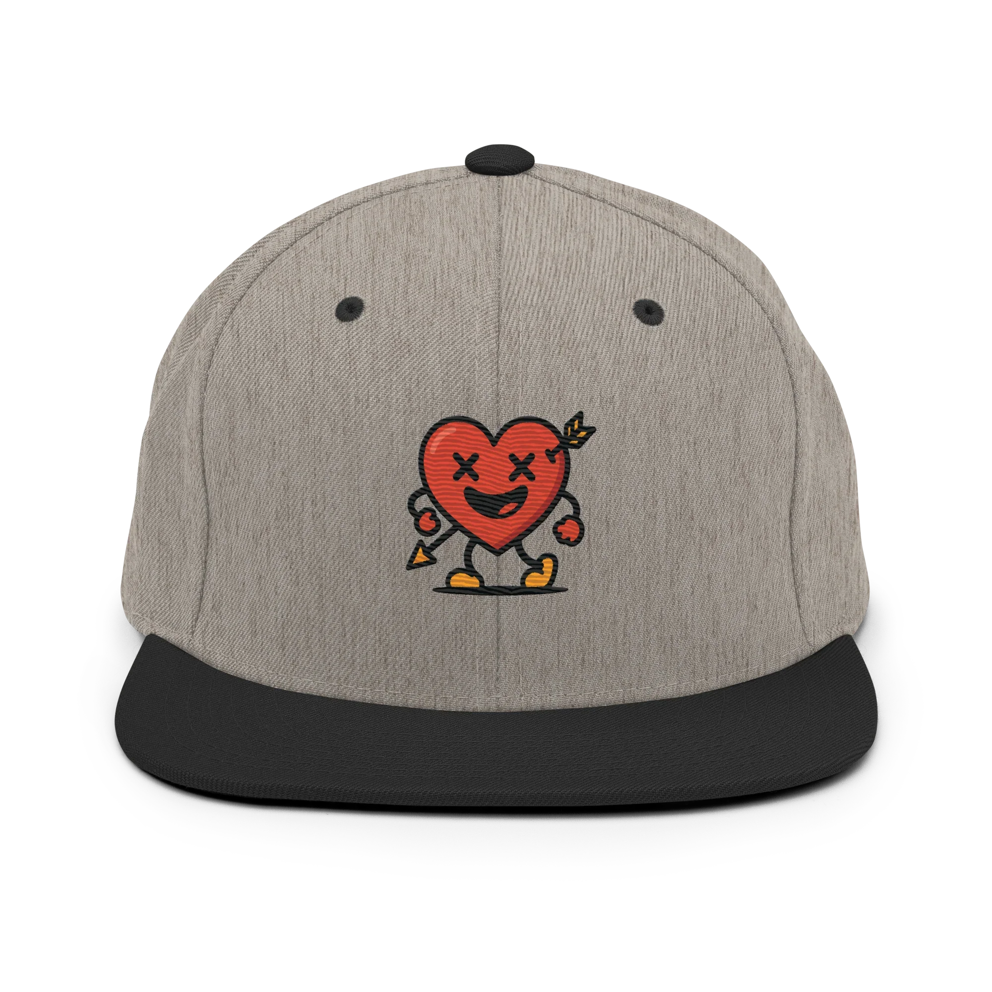 Gorra snapback gris Doozy Headwear con visera negra y corazón rojo animado bordado al frente
