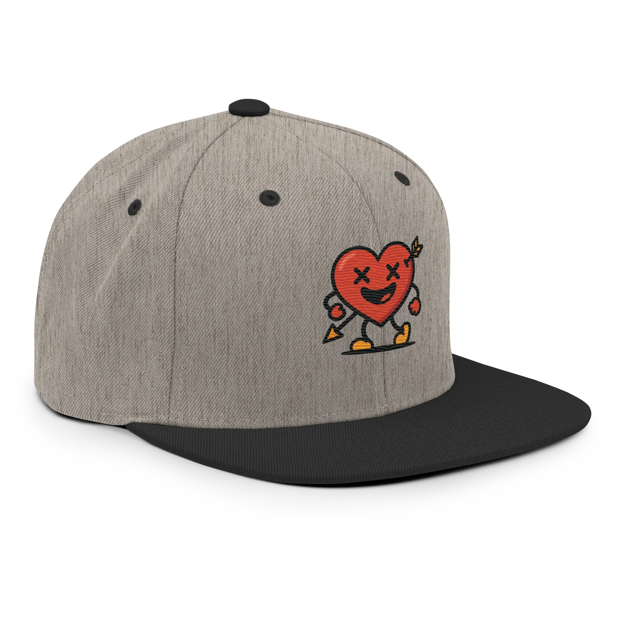 Gorra snapback gris con visera negra, bordado de corazón animado, Doozy Headwear